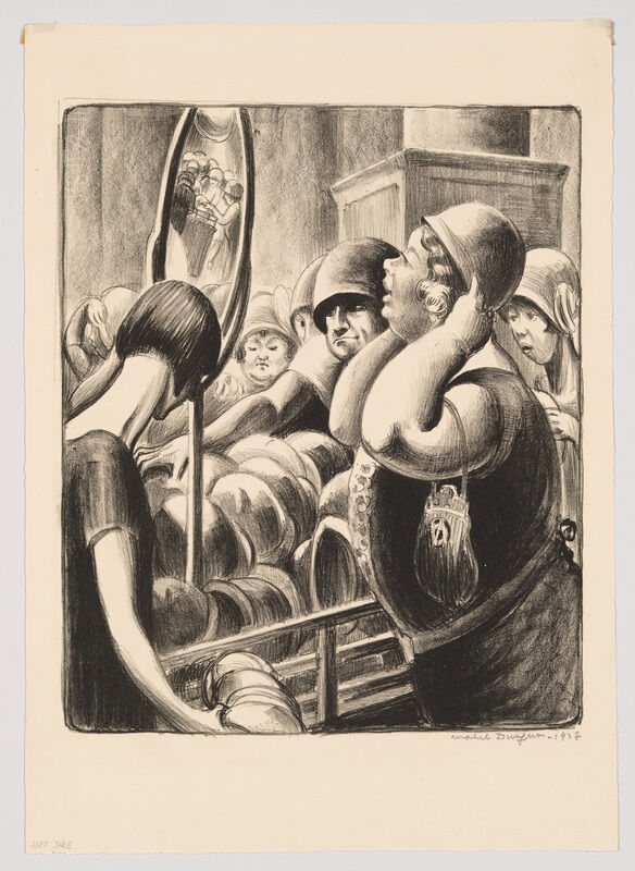 A crowded hat shop where a man tries on a helmet while others watch closely.