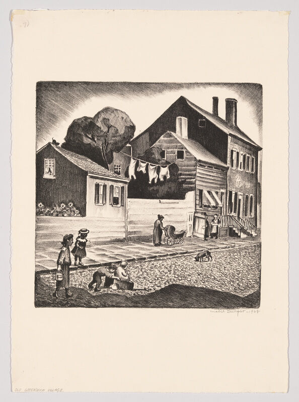 Children play on a gravel street while a woman pushes a baby carriage and laundry hangs.