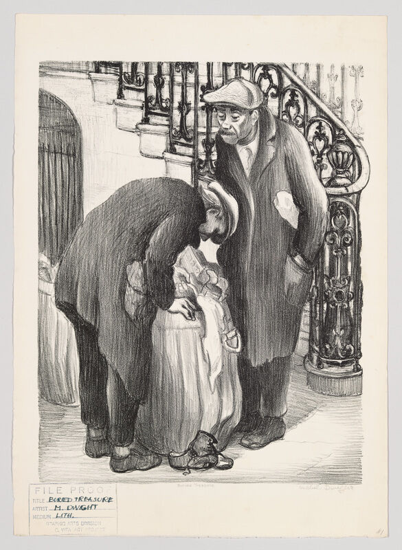 Two men inspect the contents of a large tied bag on a city sidewalk near a stair railing.