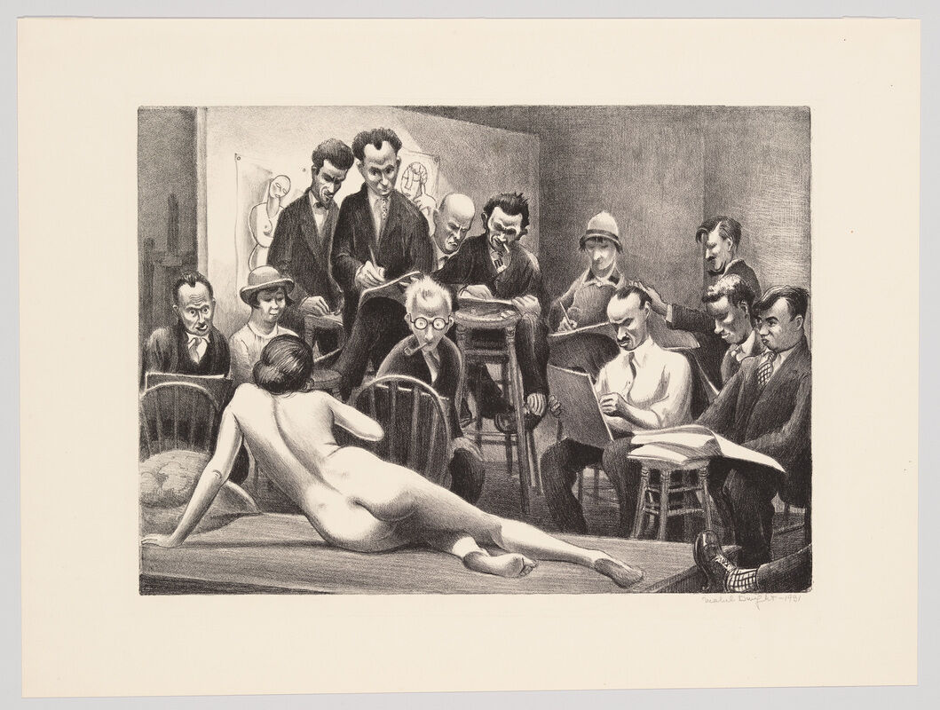 A nude woman reclines on a platform while a group of artists sketch her from various angles.