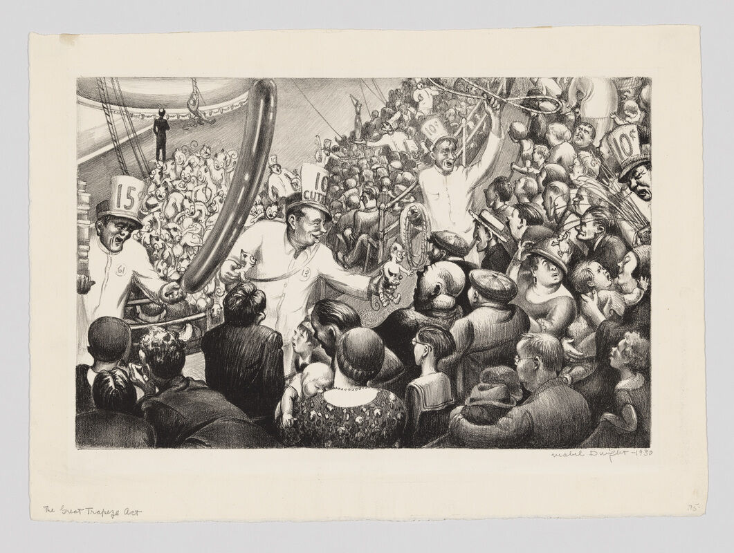 Crowded audience watches trapeze performers and carnival sellers hustling prizes and tickets.