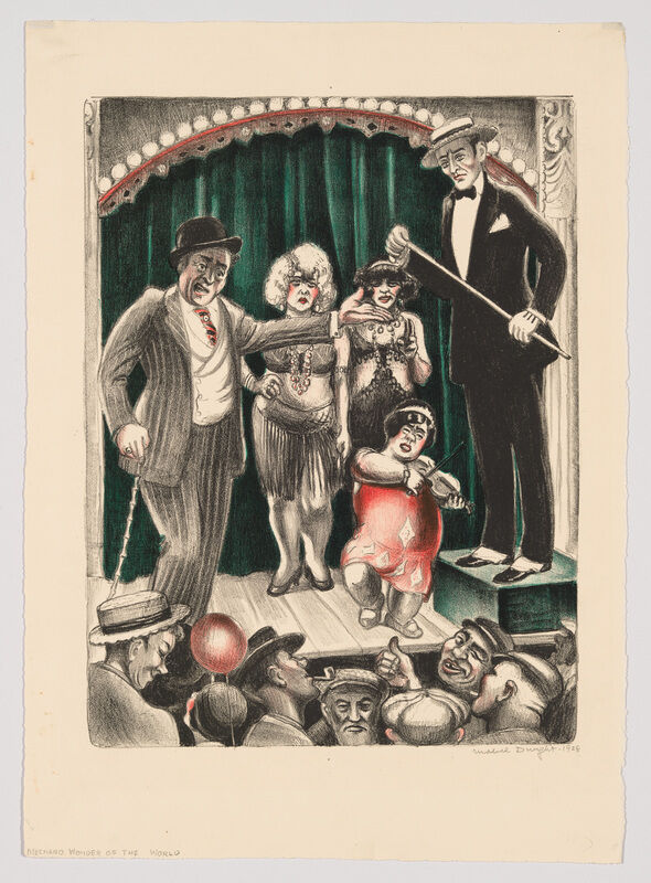 Vaudeville performers and two showmen pose on stage as an amused audience watches.