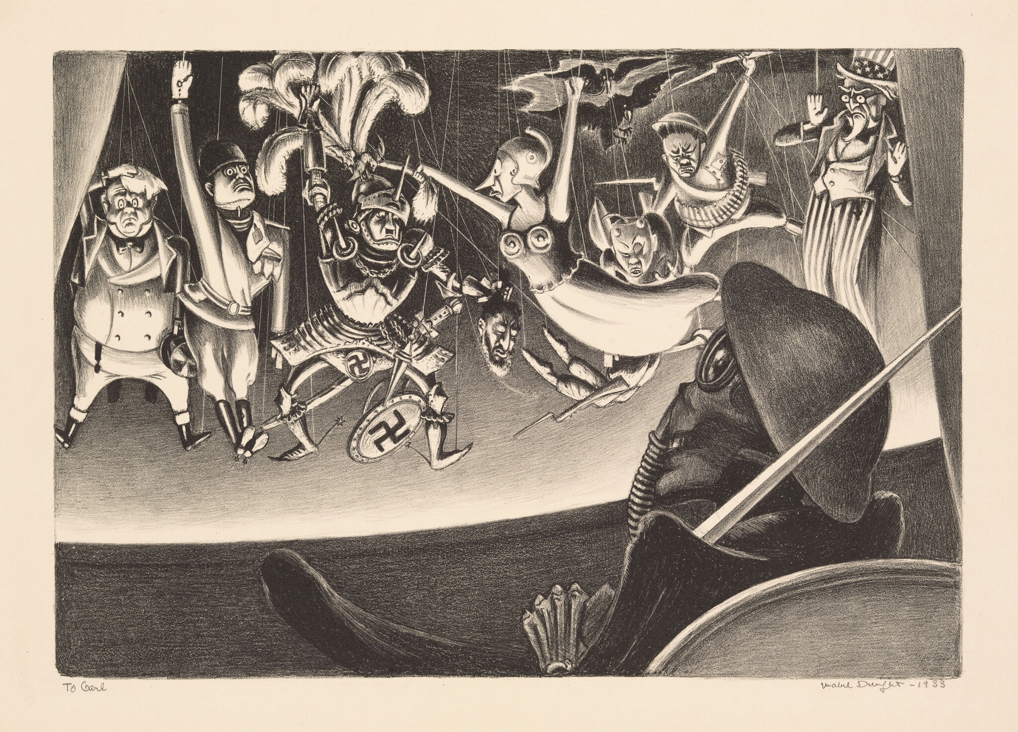 A soldier in a gas mask watches caricatured puppet figures with swastikas and Uncle Sam suspended by strings.