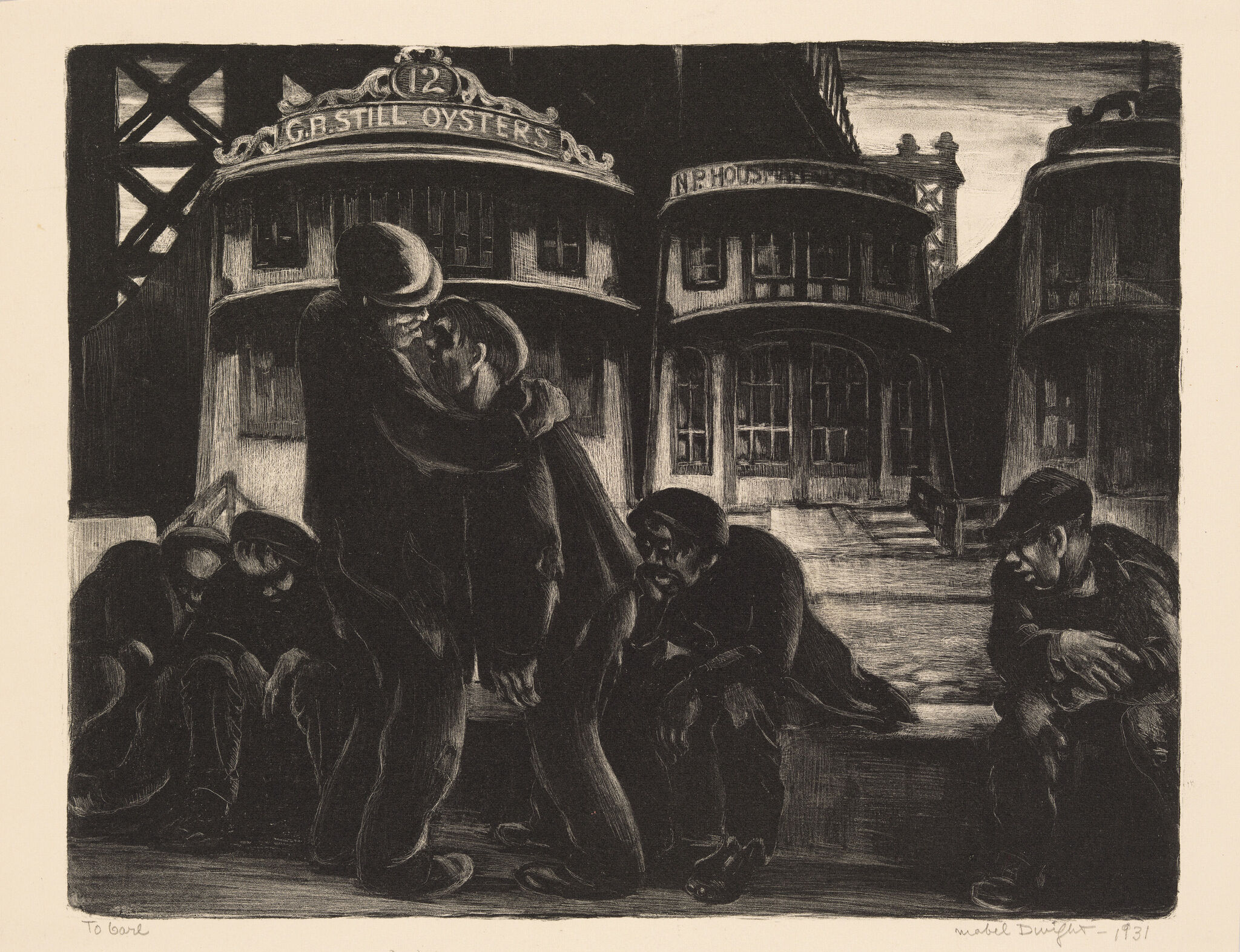 Two men embrace on a dark dock while other workers sit tiredly near moored ferryboats.