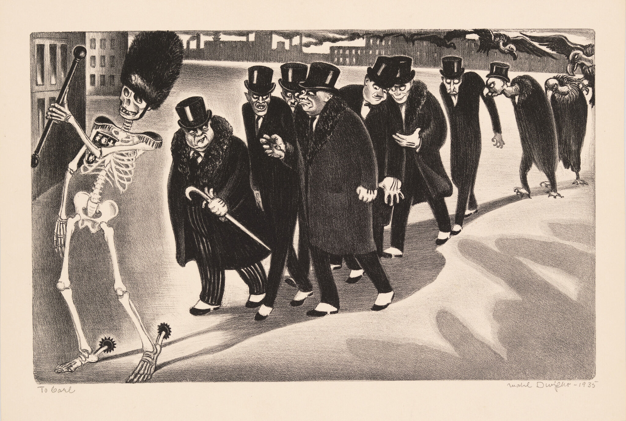A skeleton in a bearskin hat marches while a line of frowning top-hatted businessmen follow.