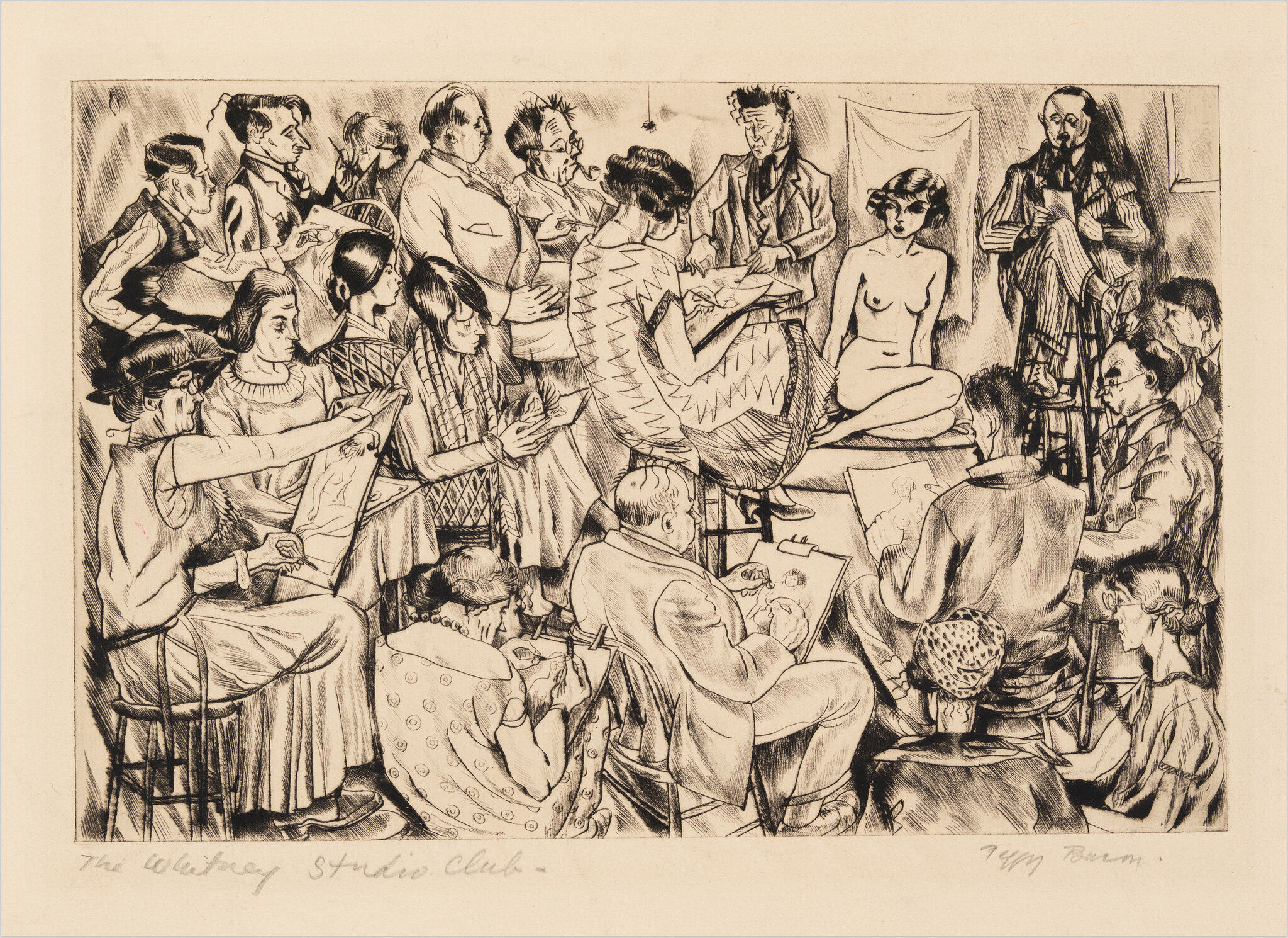 Artists in a crowded studio sketch a seated nude model as an instructor observes.