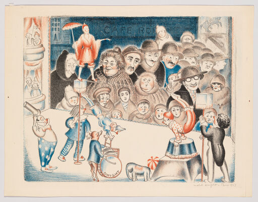 A clown troupe performs acrobatics and juggling on a small stage while a crowded audience watches.