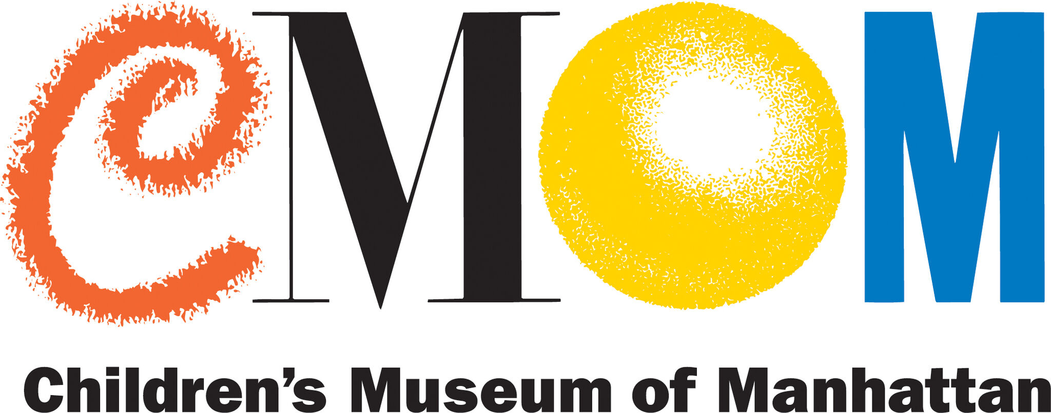 CMOM logo on a black background, with an orange, textured spiral forming the letter C, a bright yellow circle with a white center forming the O, and bold blue letters forming the M. The words “Children’s Museum of Manhattan” appear along the bottom of the logo. 