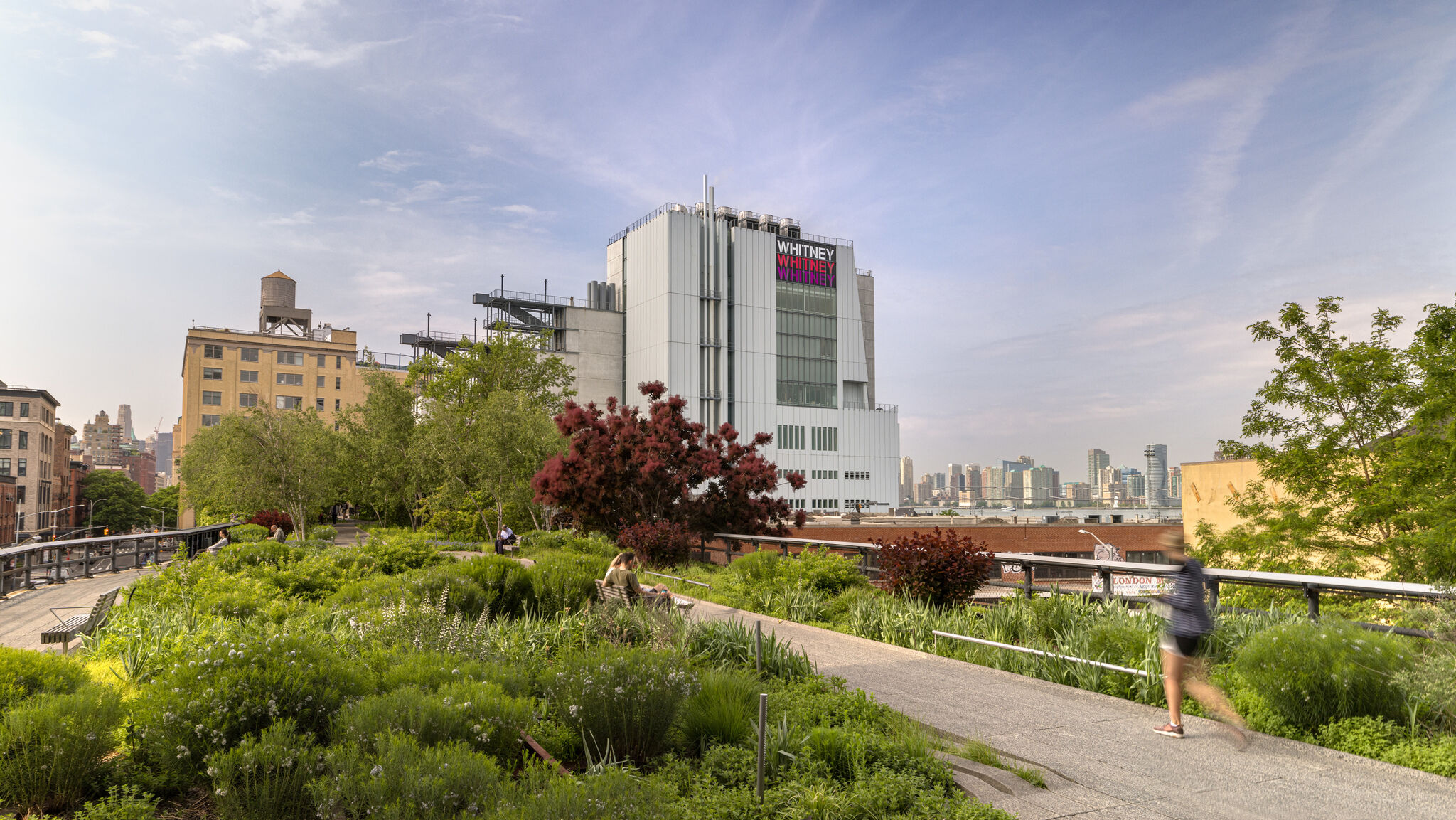 Whitney Museum white building overlooks a green elevated park where people walk and jog.
