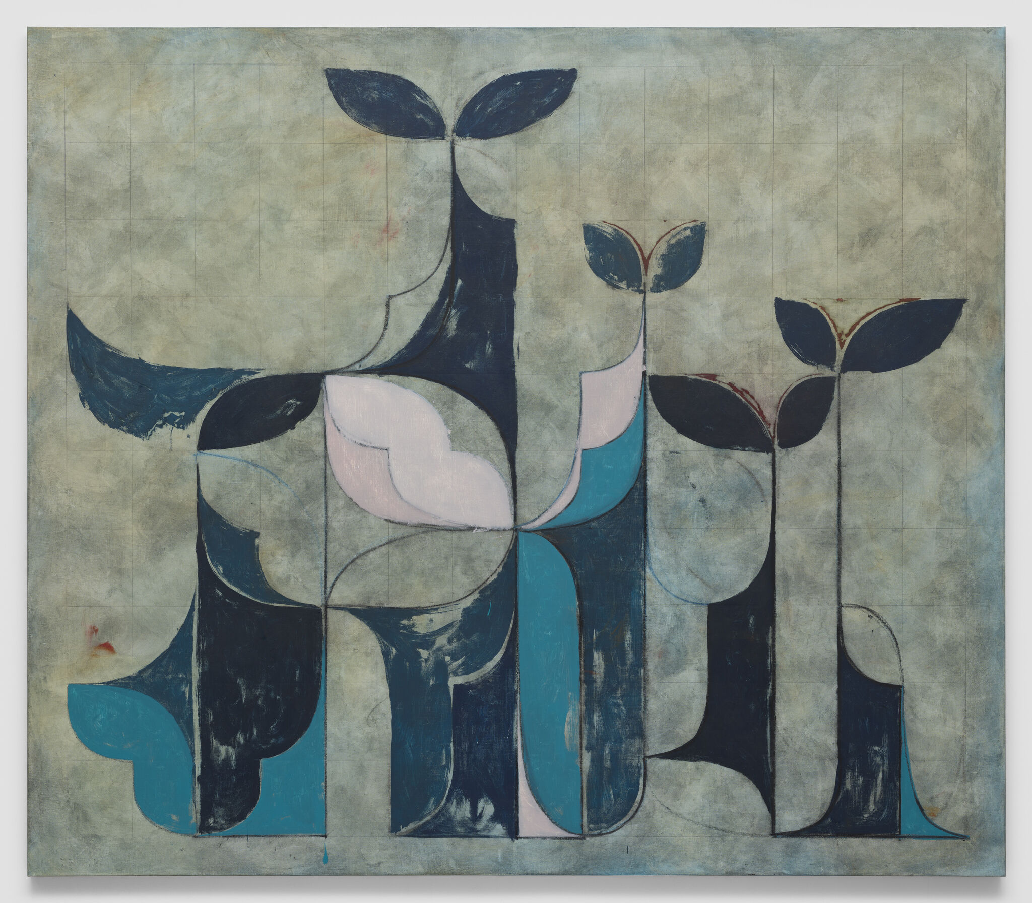 Abstract shapes in varied shades of blue with a few pale pink areas create a structured vertical pattern across a mottled gray background, alternatively seeming to cohere into a row of flowers or a printer’s text, then setting back into decorative geometries that evoke eastern architectural patterns.