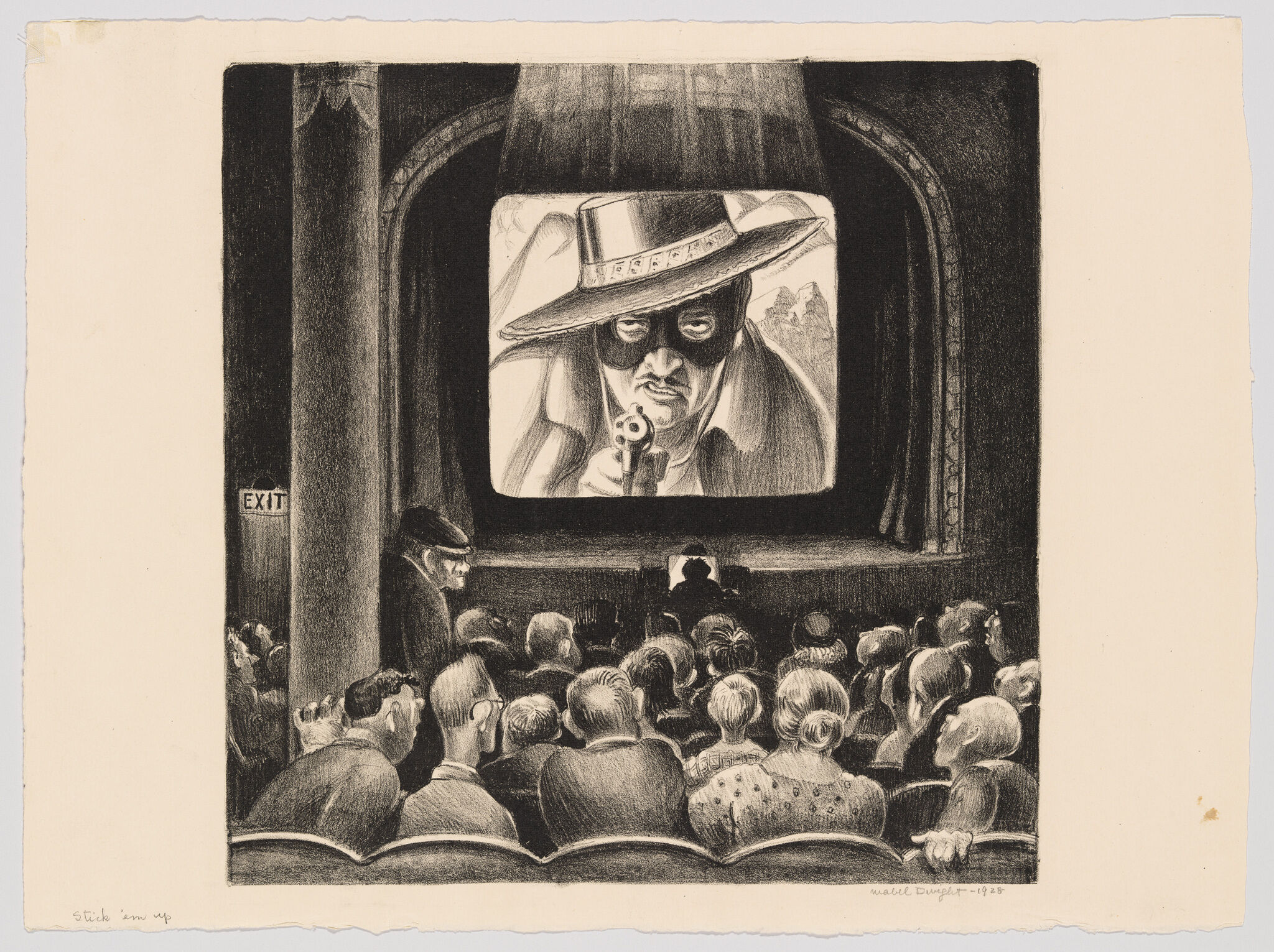 A masked cowboy points a gun at the audience from the movie screen while viewers watch.