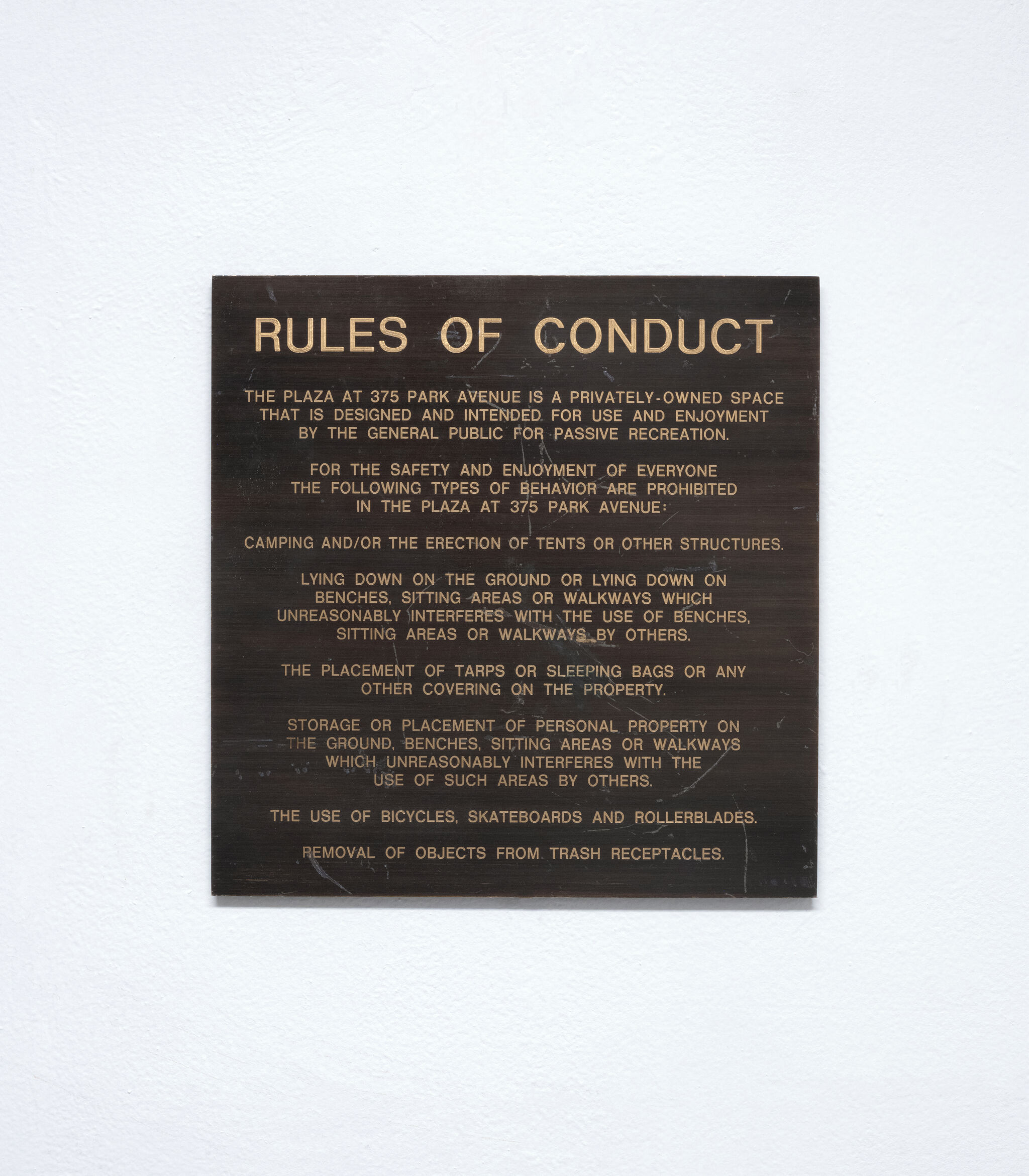 Bronze plaque titled 'Rules of Conduct' listing prohibited activities like camping, lying, and bicycles.