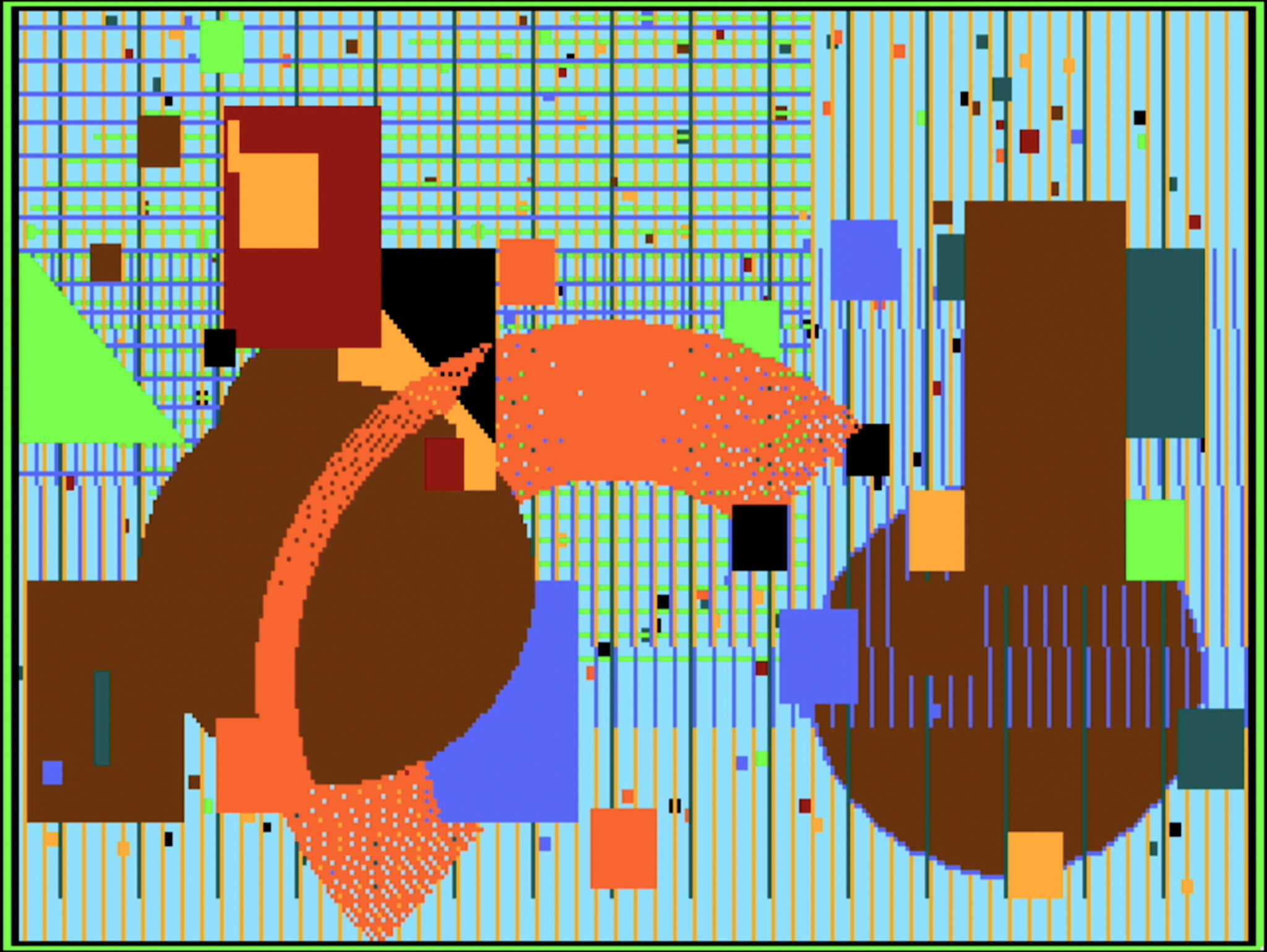 Abstract geometric composition with two large brown circles, orange arcs, and a blue striped grid background.