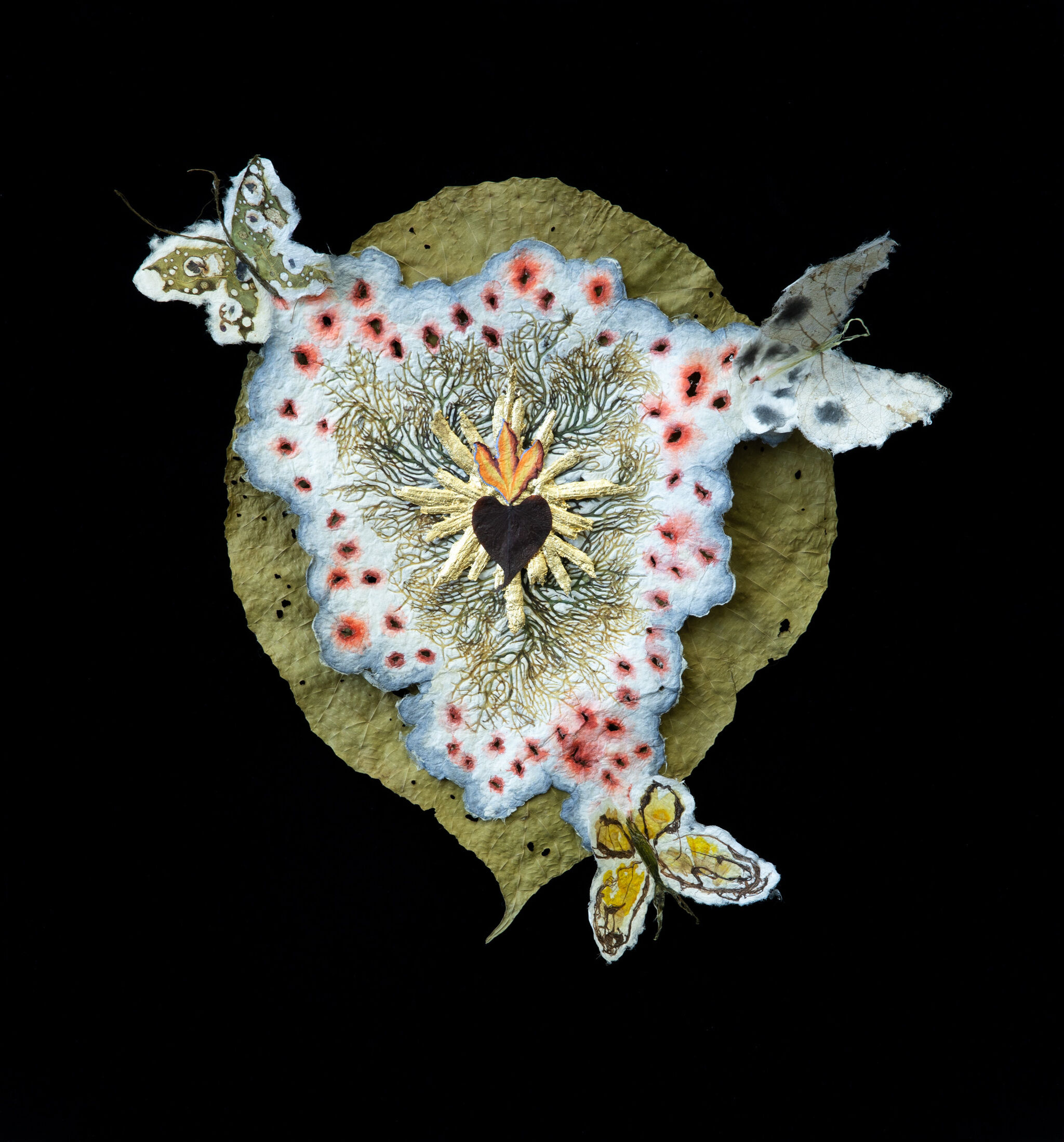 A decorative leaf collage shows a dark heart with golden rays surrounded by lacy white paper and three butterflies.