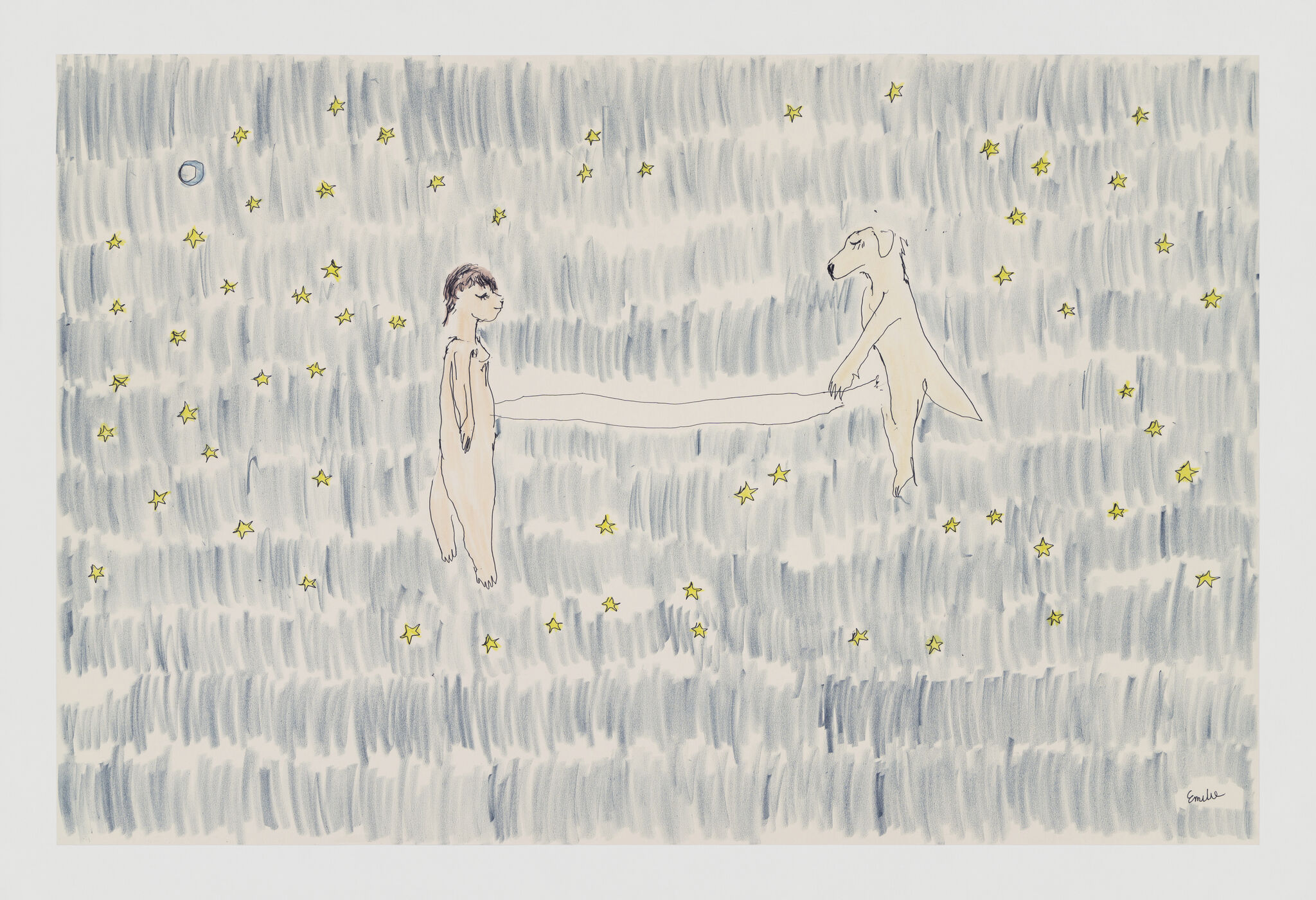 The drawing shows a pale blue background made of pencil strokes. Scattered across the entire surface are many small, yellow, five-pointed stars, irregularly spaced, with a single small blue moon near the upper left. On the left side of the composition, a nude figure with short brown hair and eyes closed floats upright as if suspended in midair, facing right. On the right side, a dog figure floats upright, facing left, with eyes closed. Extending between their figures is a long, pale, horizontal form connecting them.  