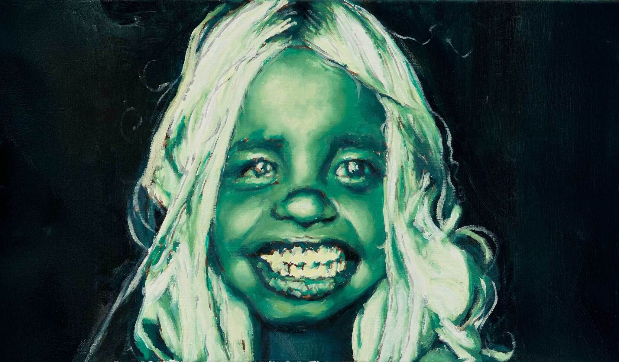 A green-toned painting of a smiling child showing teeth with long light hair.