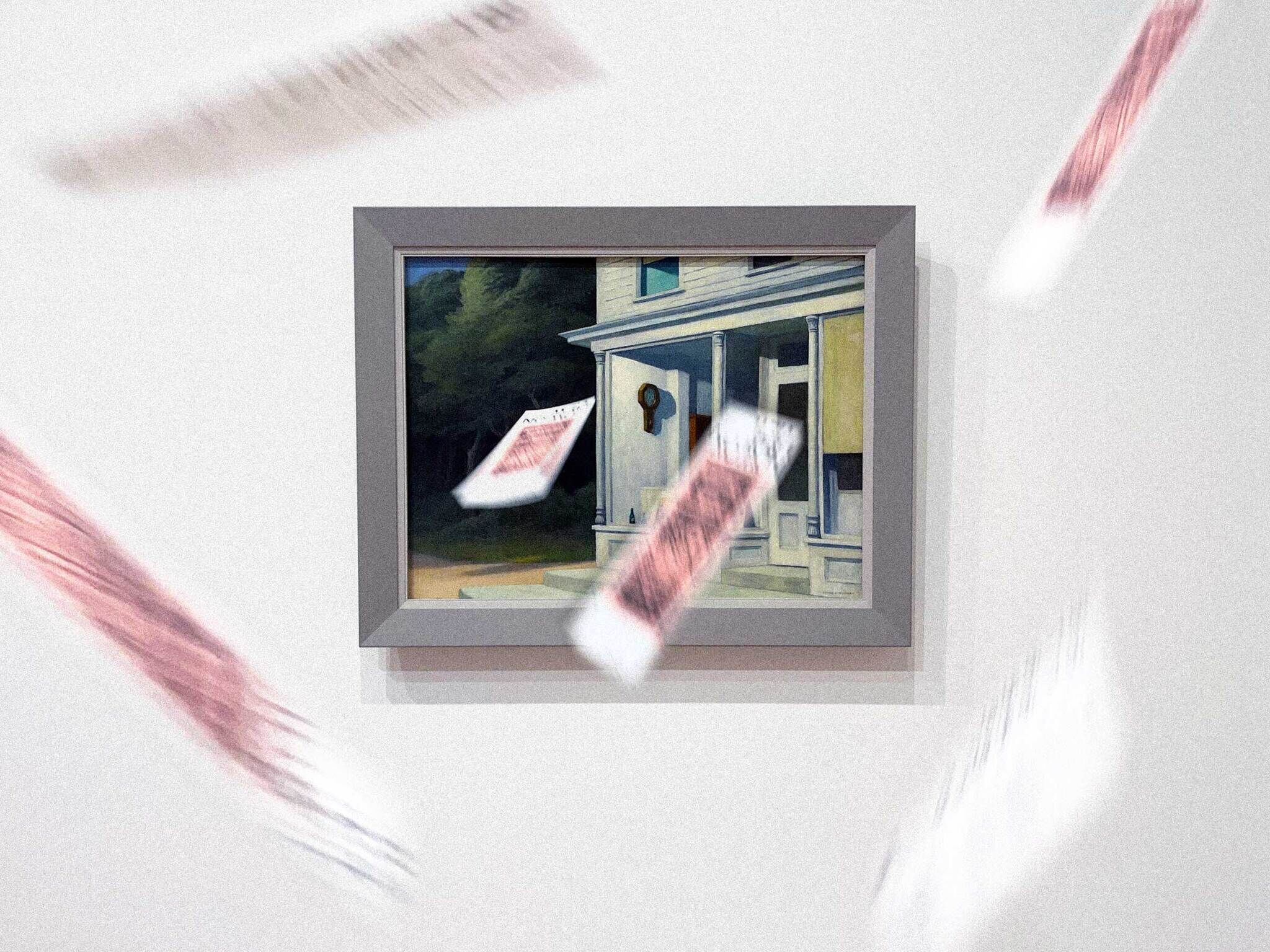 A series of museum brochures caught in motion, falling in front of a Hopper painting on a white wall.