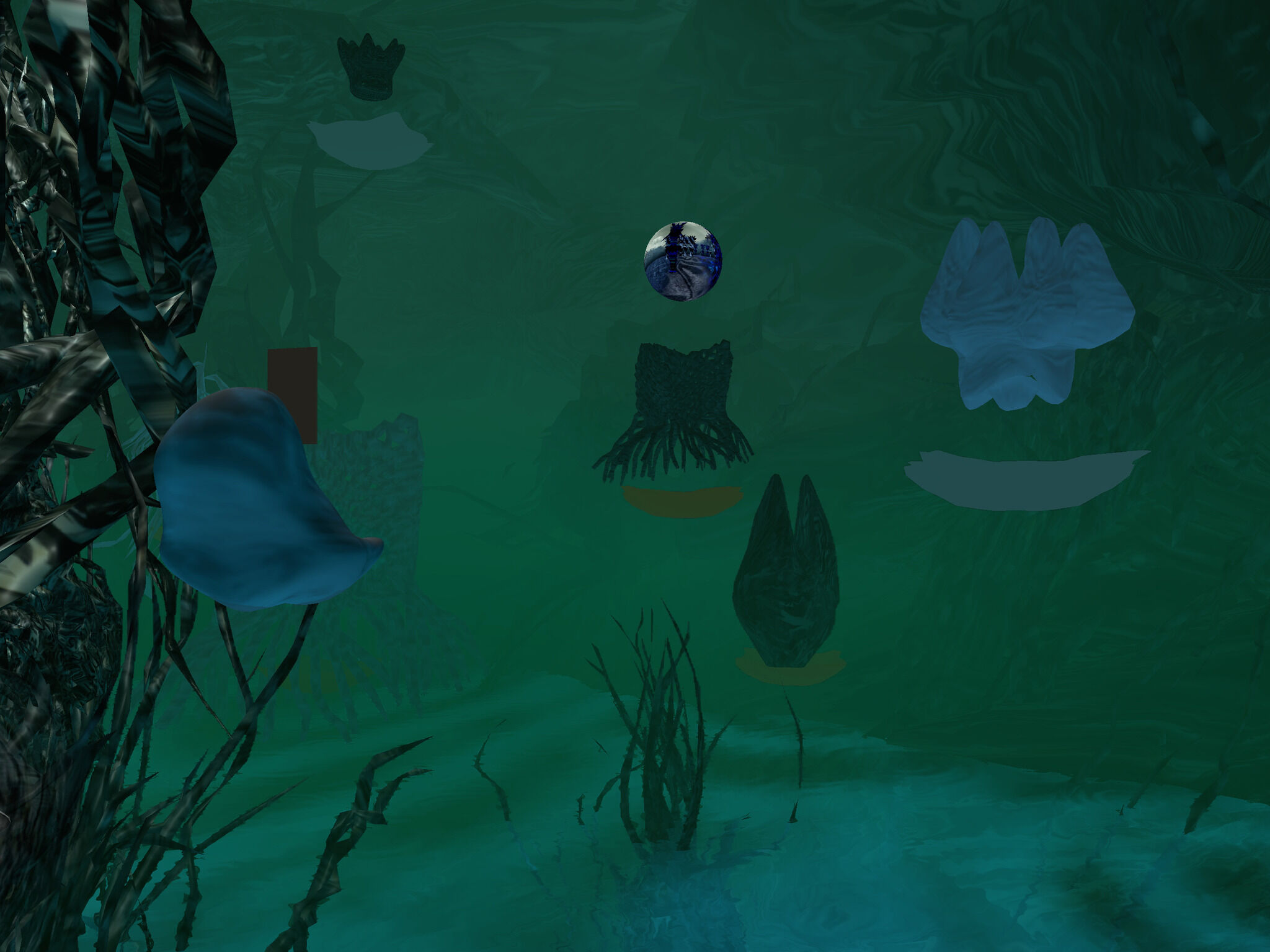 3D rendered green underwater scene with floating blue orb and various sea plants and rock formations.
