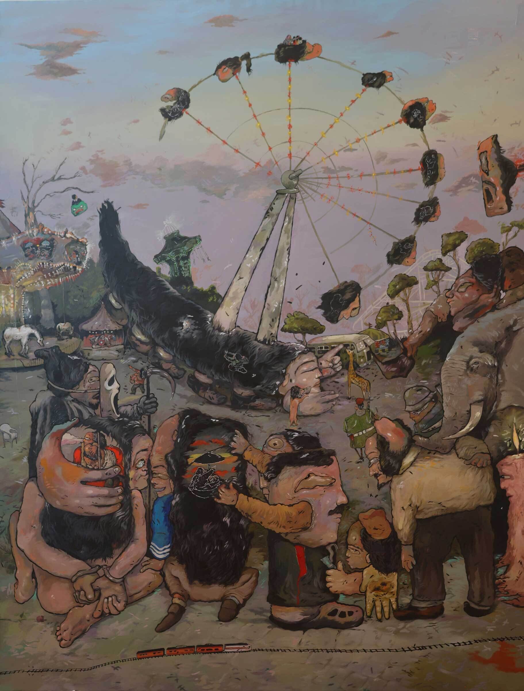 Crowd of distorted figures gather around a toppled ferris-wheel and large fallen furry creature at a carnival.