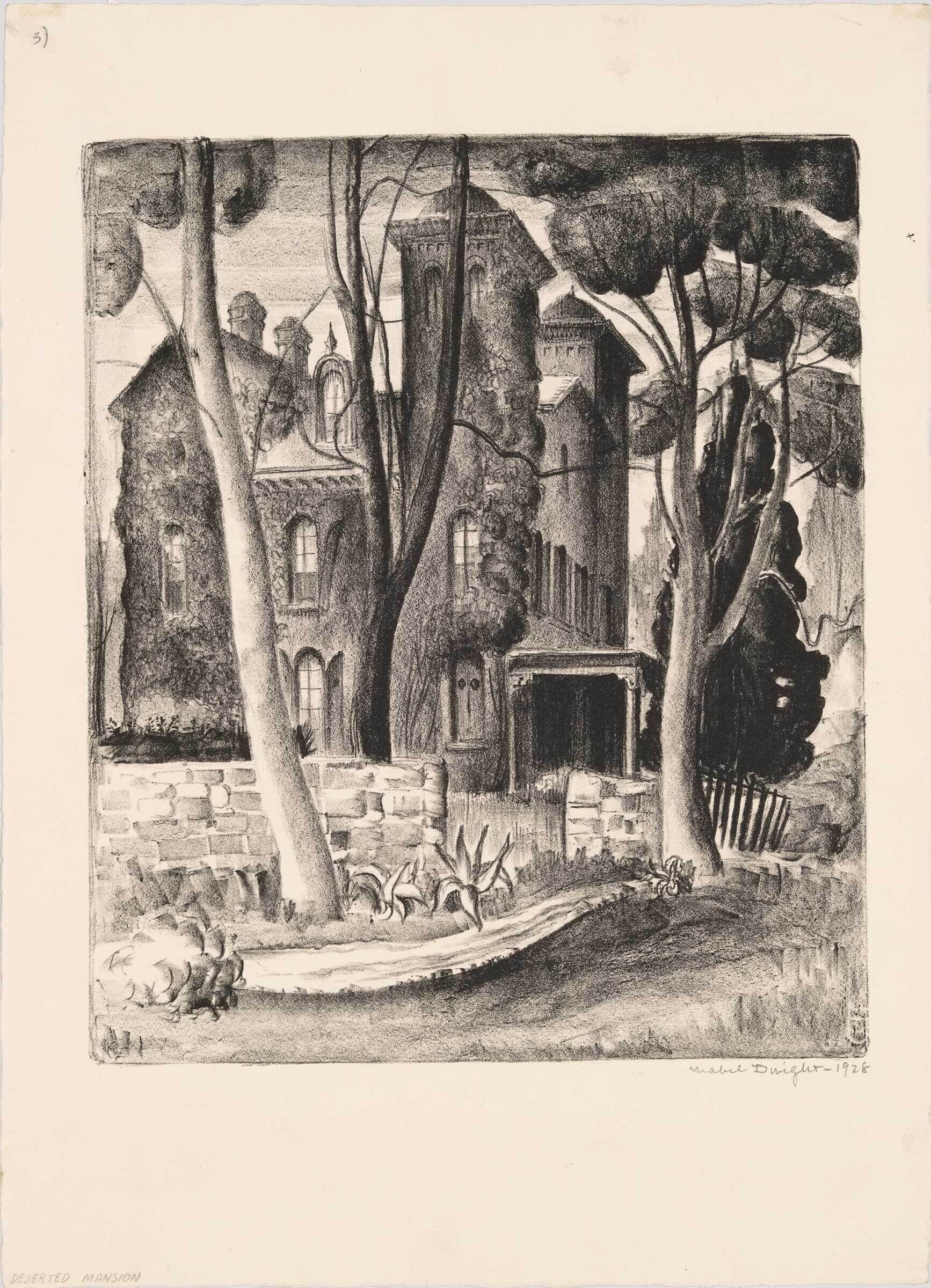 An overgrown, deserted mansion partly hidden by tall trees and a low stone wall.