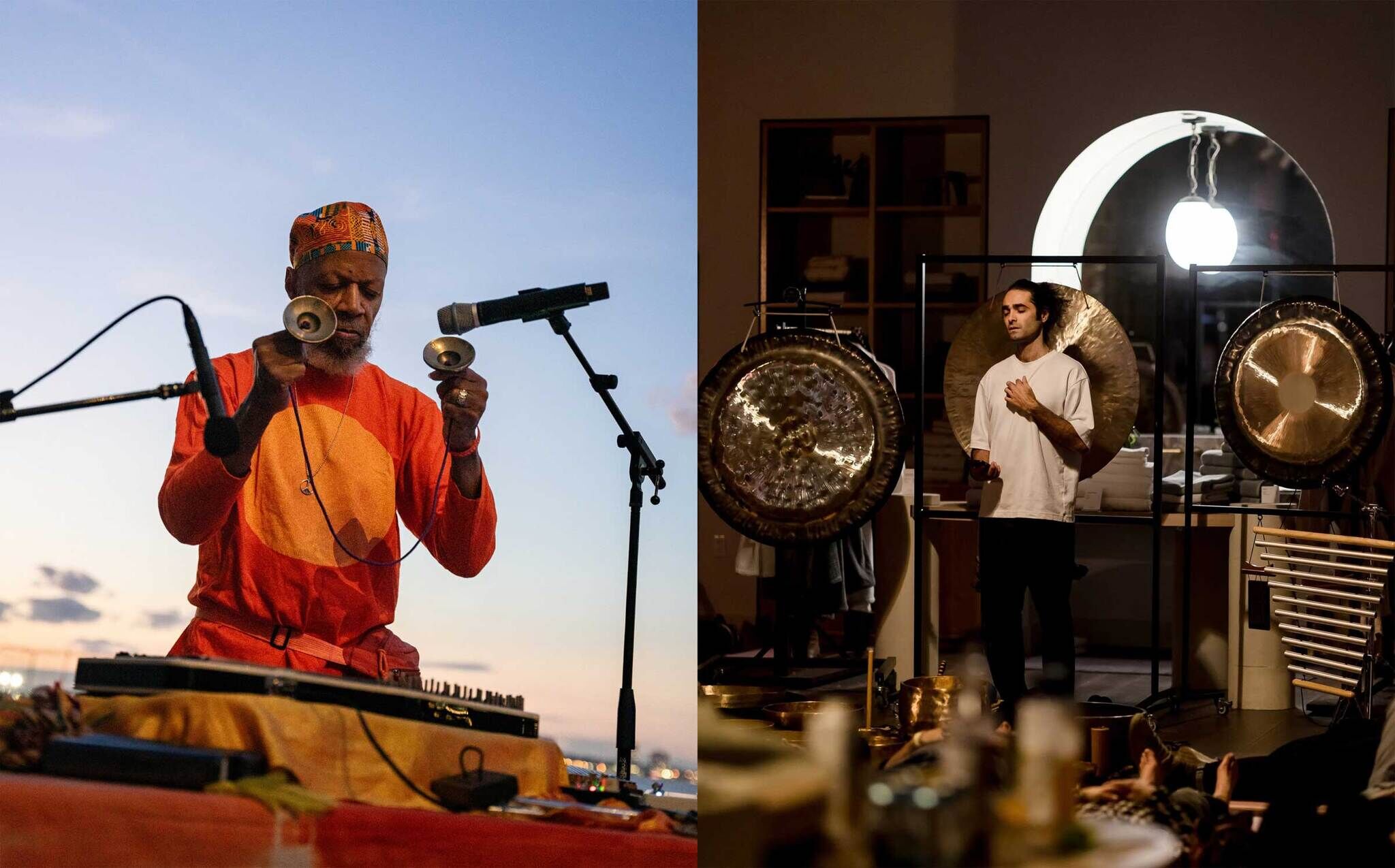 Two musicians playing handbells and gongs during an evening sound performance.