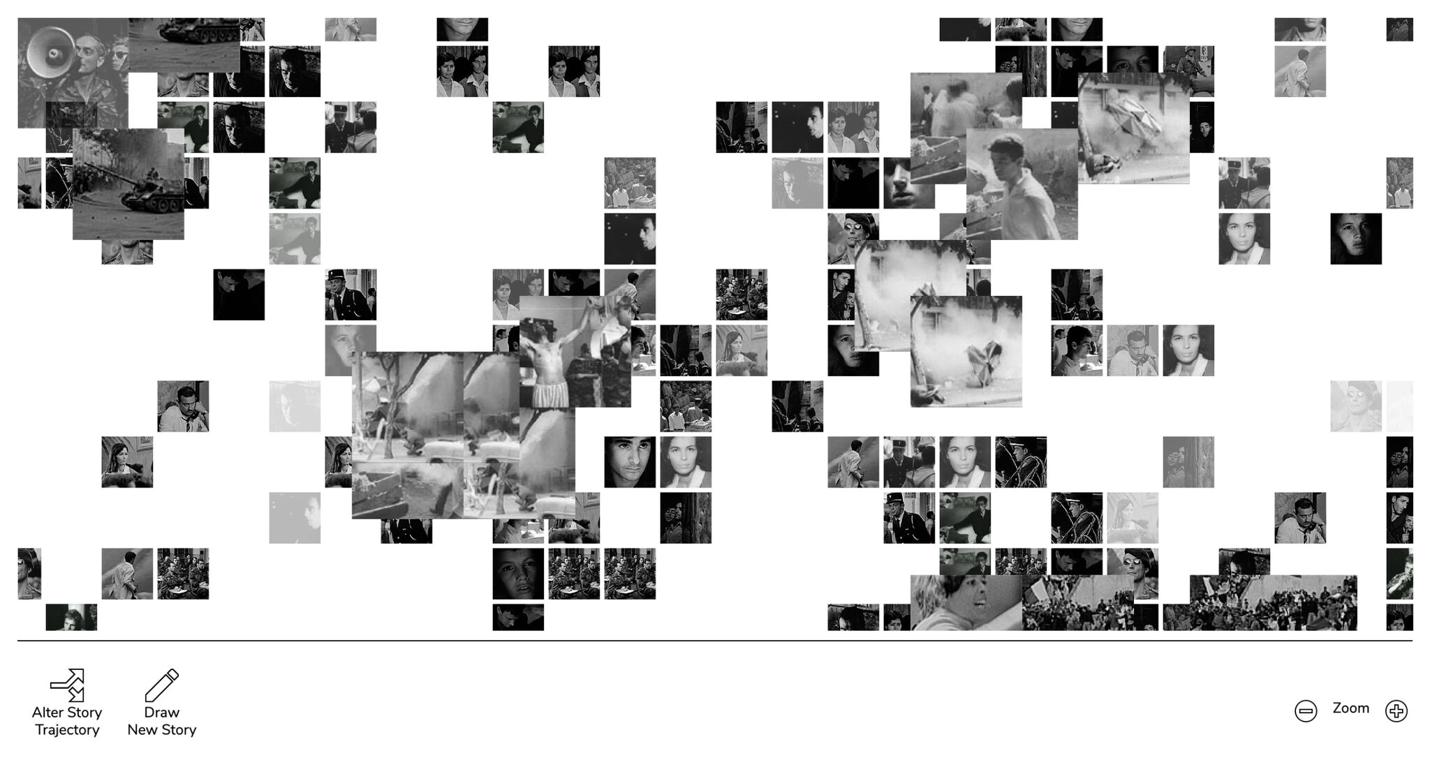 Screenshot of dozens of little black and white square shaped images scattered over a white background, with various application controls below.