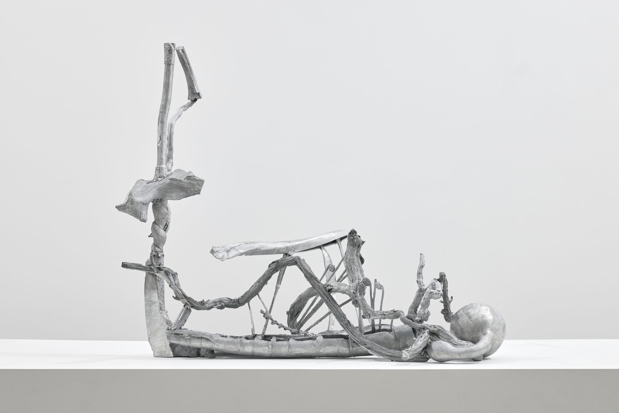 An abstract, horizontal sculpture made of cast aluminum forms resembling branches, bones, and organic fragments arranged along a low base. Twisting and intersecting elements create an open, skeletal structure, with a tall upright form on the left and a rounded, bulb-like shape on the right. The silvery surface has a rough, textured finish, emphasizing the natural origins of the forms. The composition suggests growth, movement, and the interconnected patterns of living systems. 