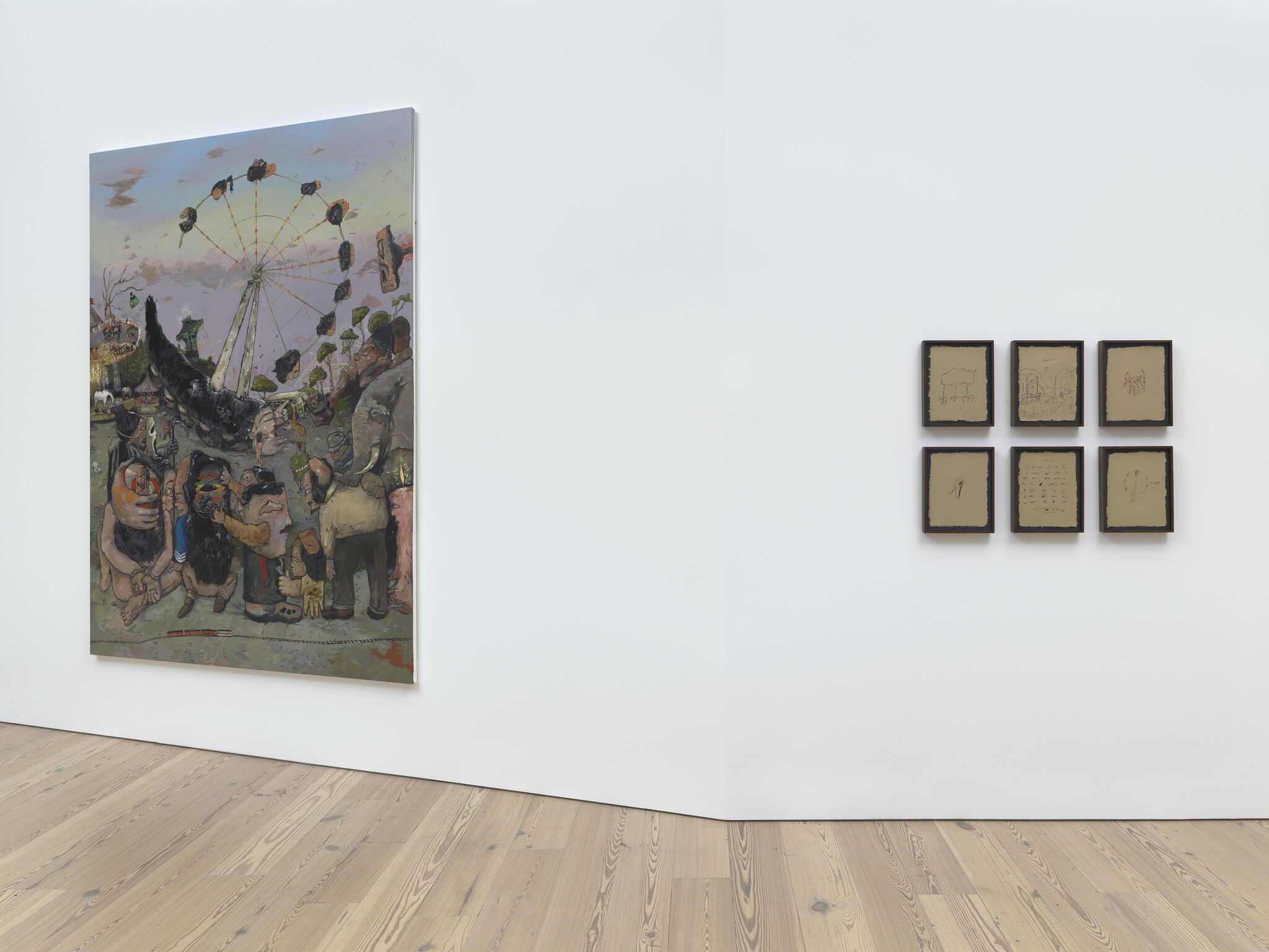 Large colorful carnival painting with crowded figures and a Ferris wheel beside six small framed sketches.