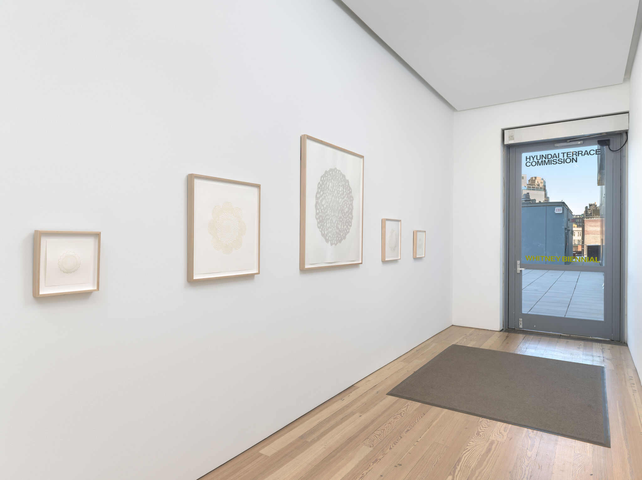 A white gallery wall displays framed lace-like artworks beside a door labeled "Hyundai Terrace Commission."