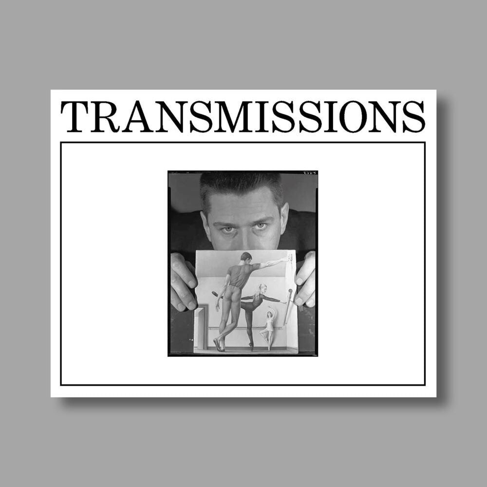 Book cover of a man holding a small artwork showing dancers beneath the bold title "TRANSMISSIONS."
