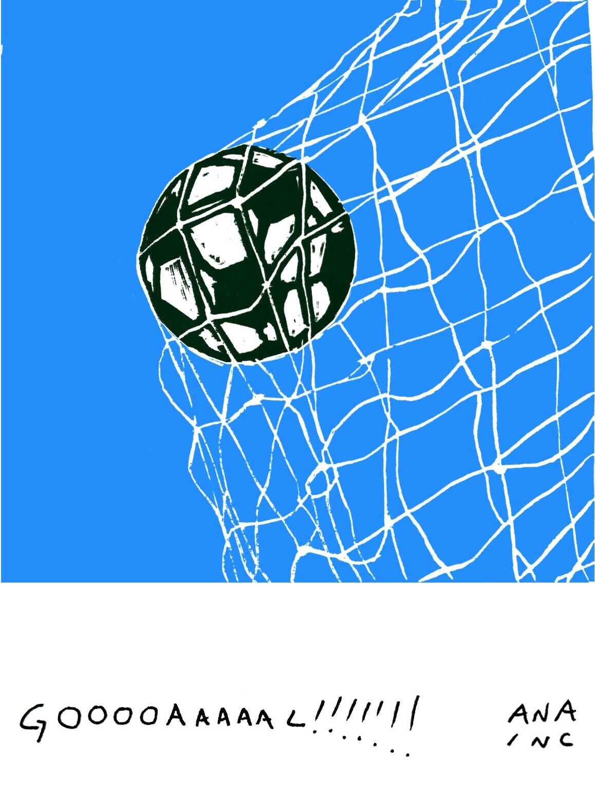 A soccer ball hits the net as a handwritten "Gooooaaaal!!!!!" celebrates the goal.