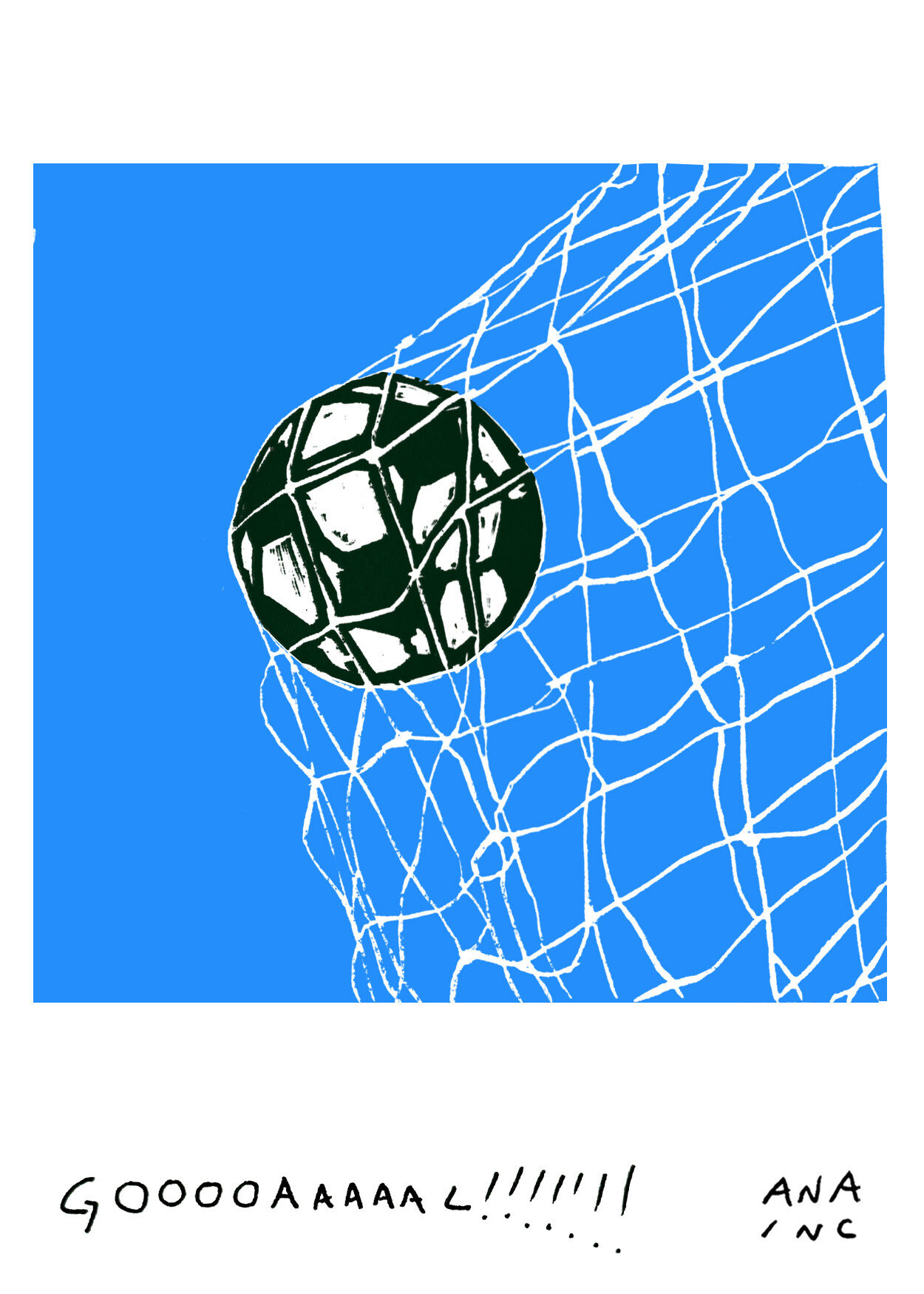 A soccer ball hits the net as a handwritten "Gooooaaaal!!!!!" celebrates the goal.