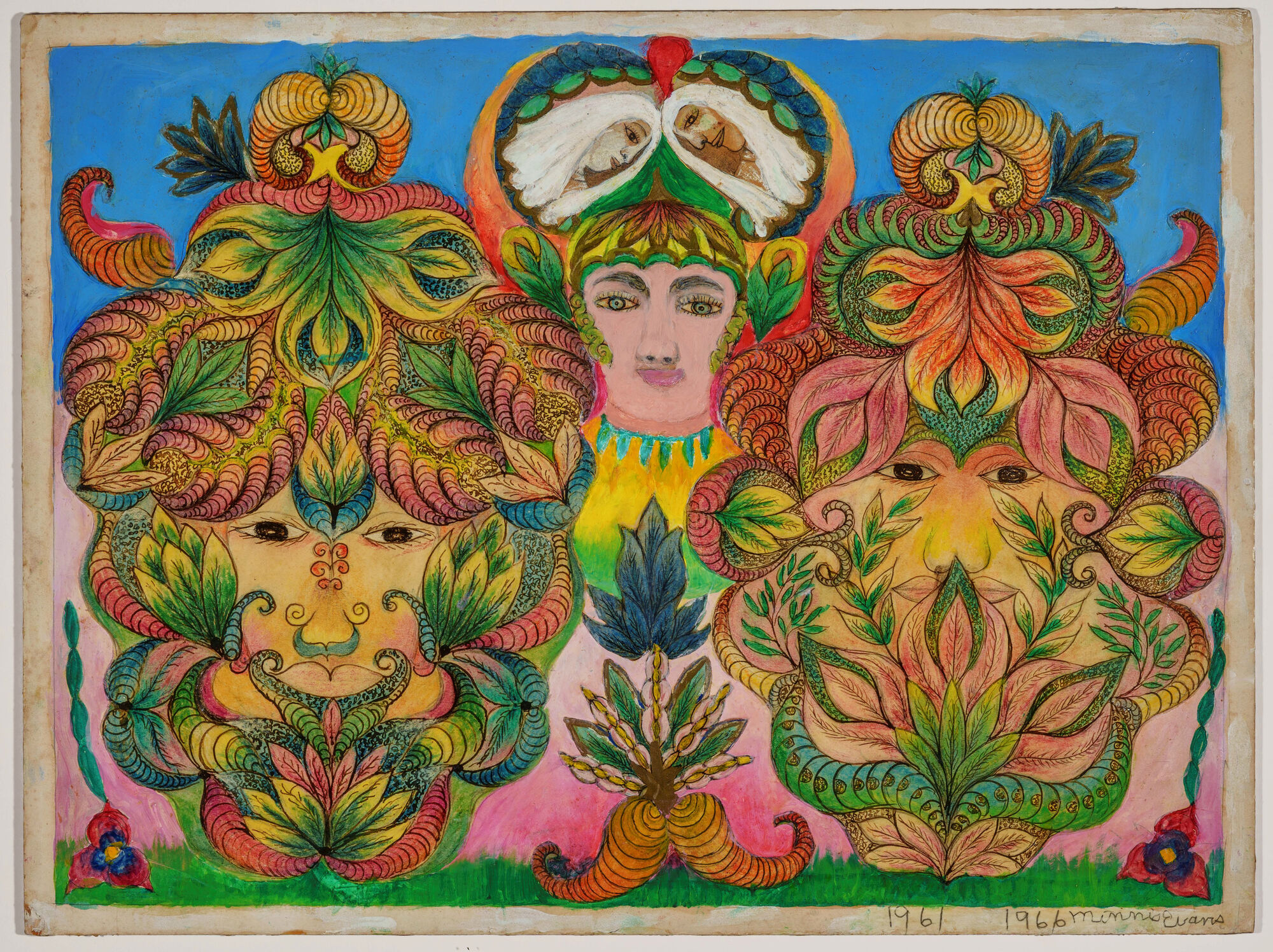 Three decorative faces made of swirling leaves and flowers fill the bright painting.