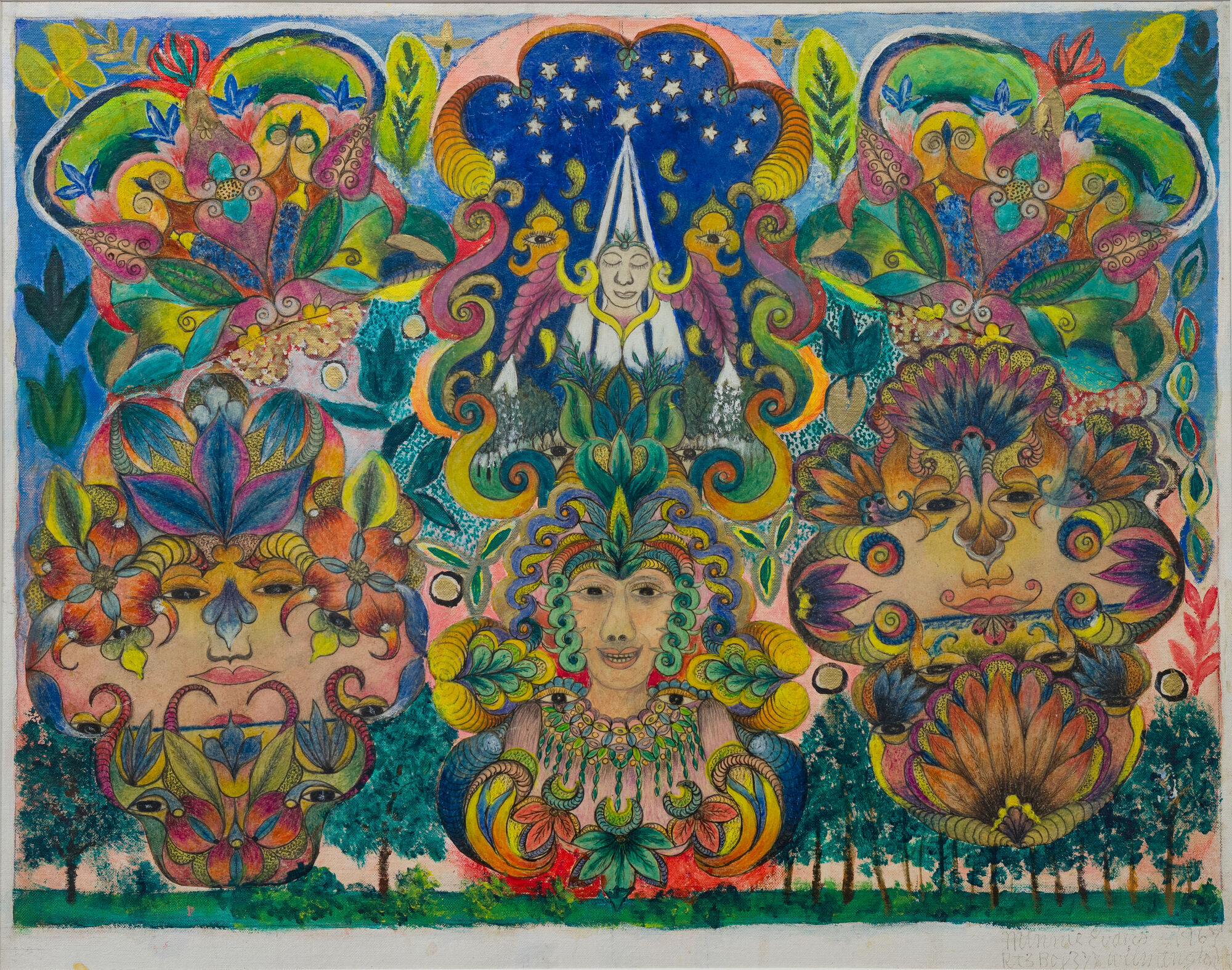 Central smiling figure wears a pointed white headdress and horned floral crown amid colorful faces and plants.