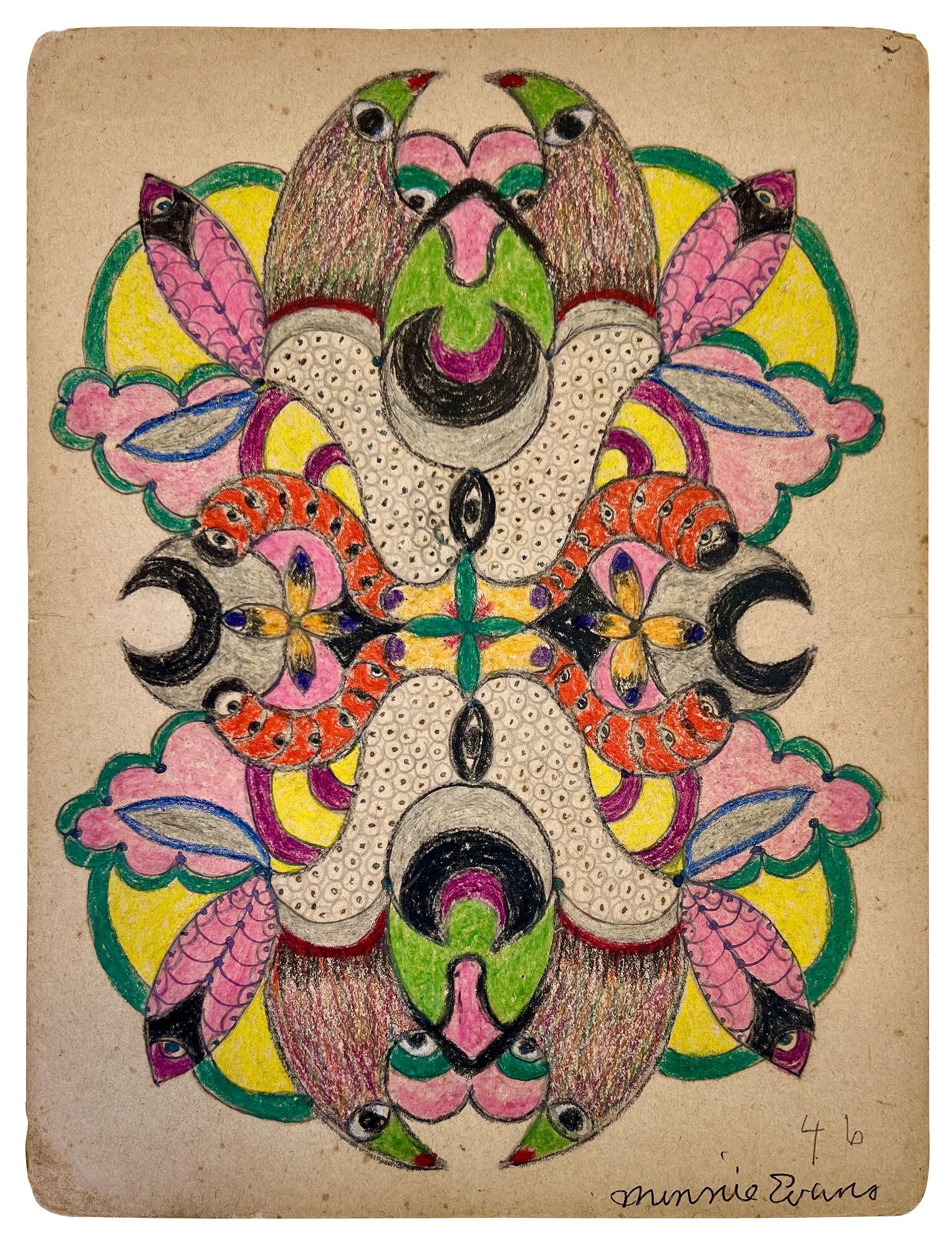 Symmetrical hand-drawn design of colorful birds, flowers, crescent moons, and repeating organic shapes.