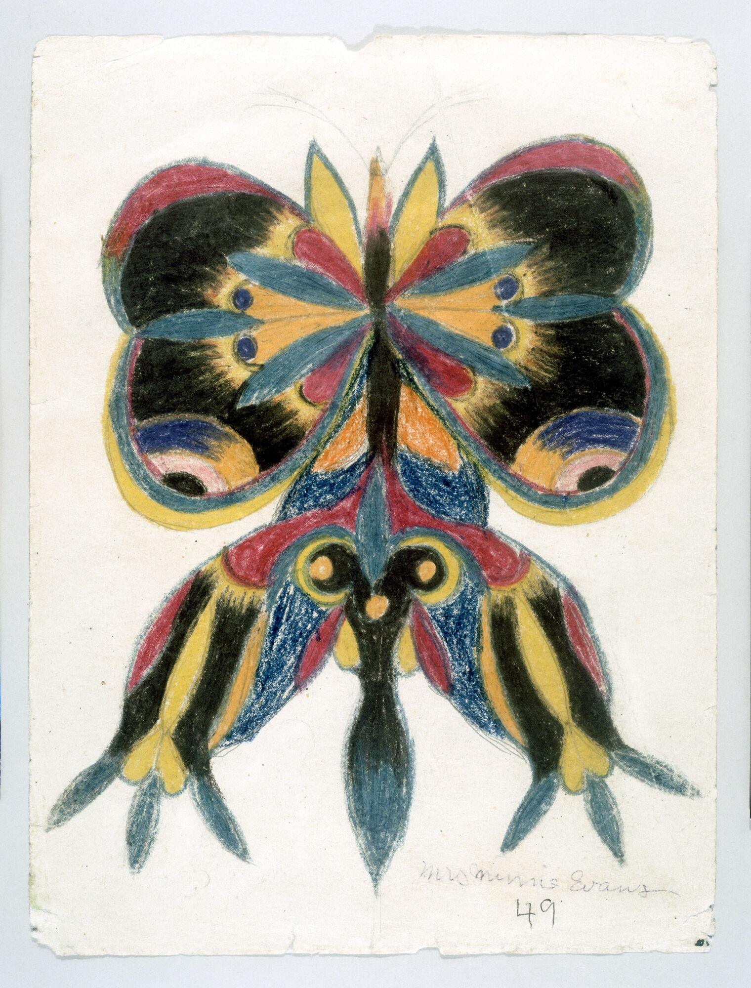 A colorful symmetrical butterfly drawing with bold black, yellow, blue, and red crayon shapes.