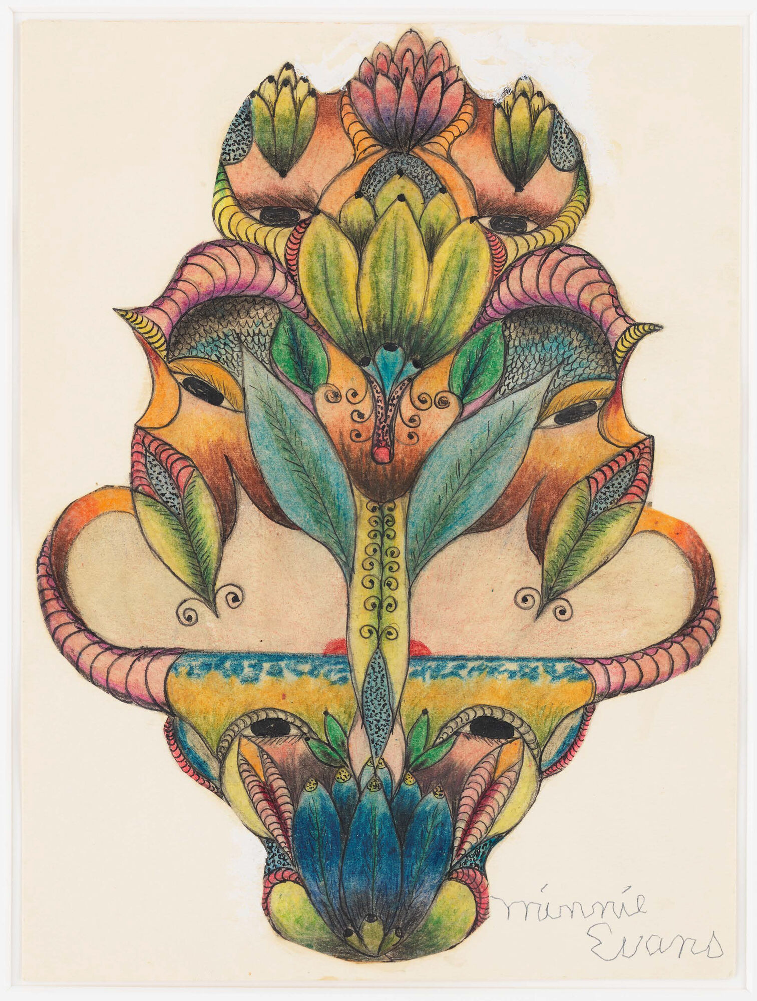 Symmetrical colorful abstract face formed from layered floral and leaf shapes.