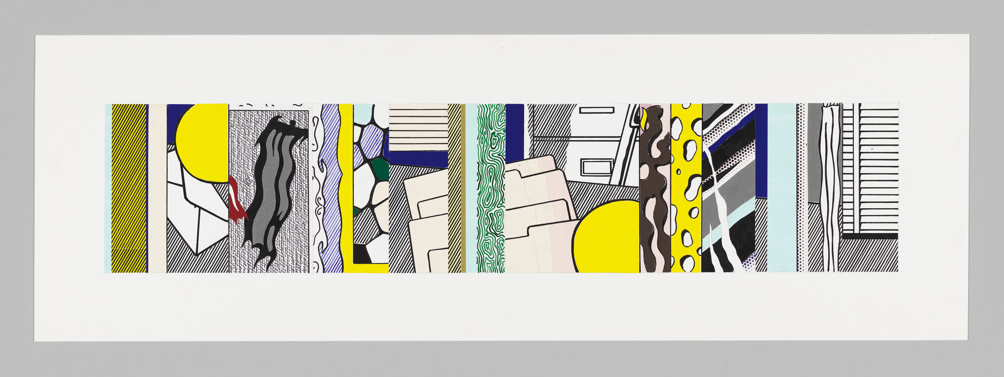 Long horizontal pop-art composition with vertical patterned strips, bold colors, and repeating yellow circles.