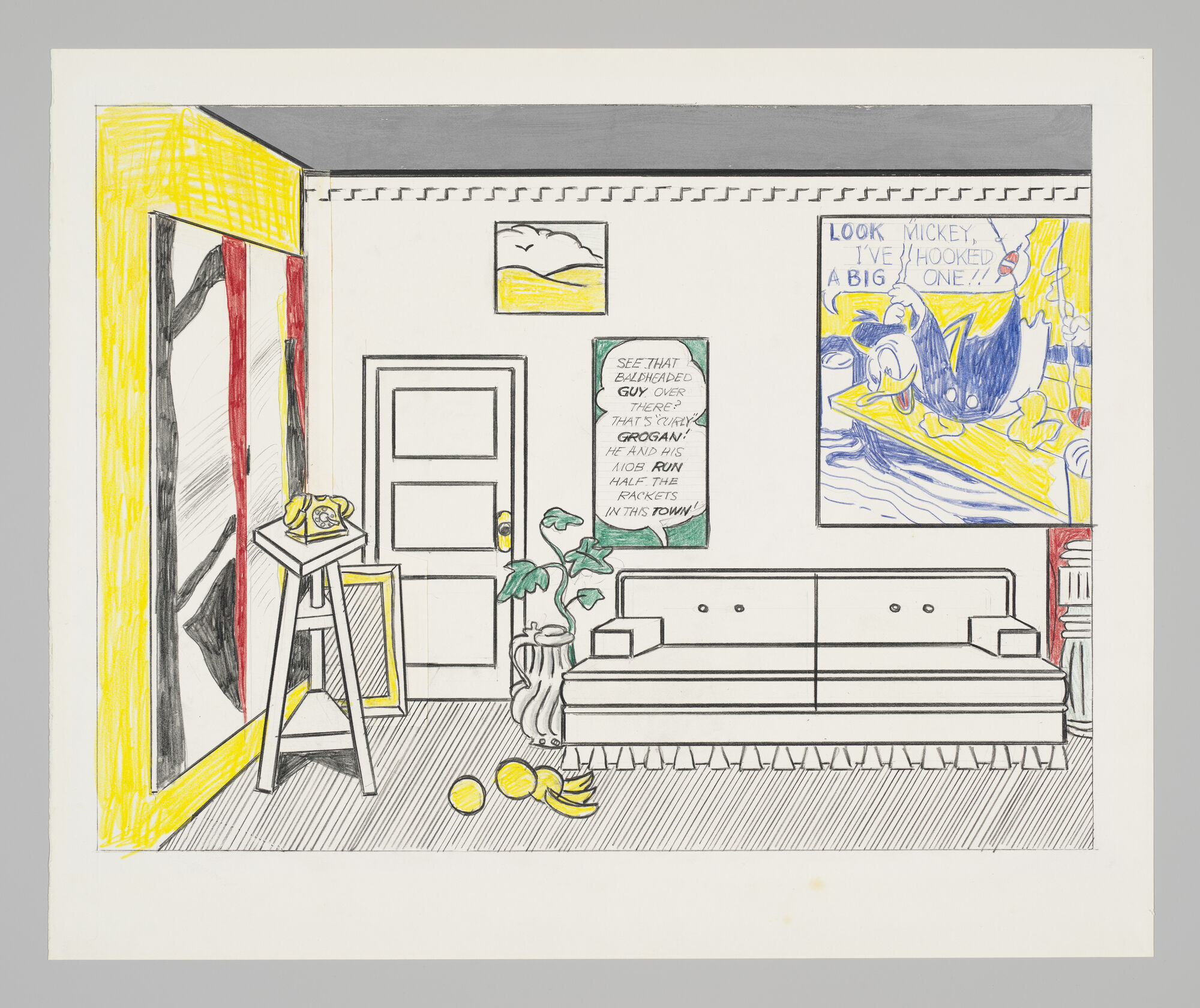 A stylized living room drawing with sofa, ladder, telephone, bananas on floor, and a comic poster.