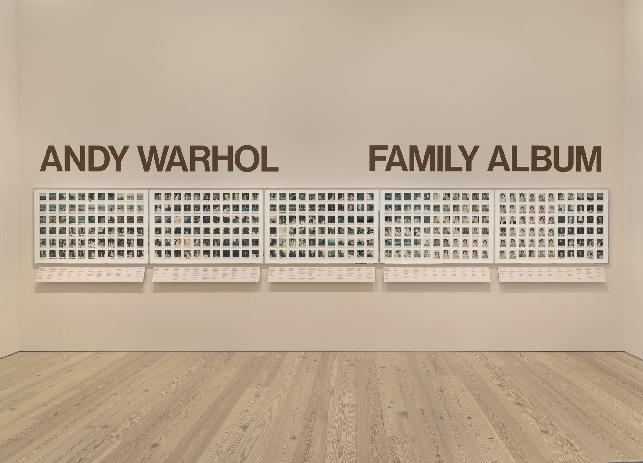 Andy Warhol family album title above framed grid of small family photographs on a gallery wall.