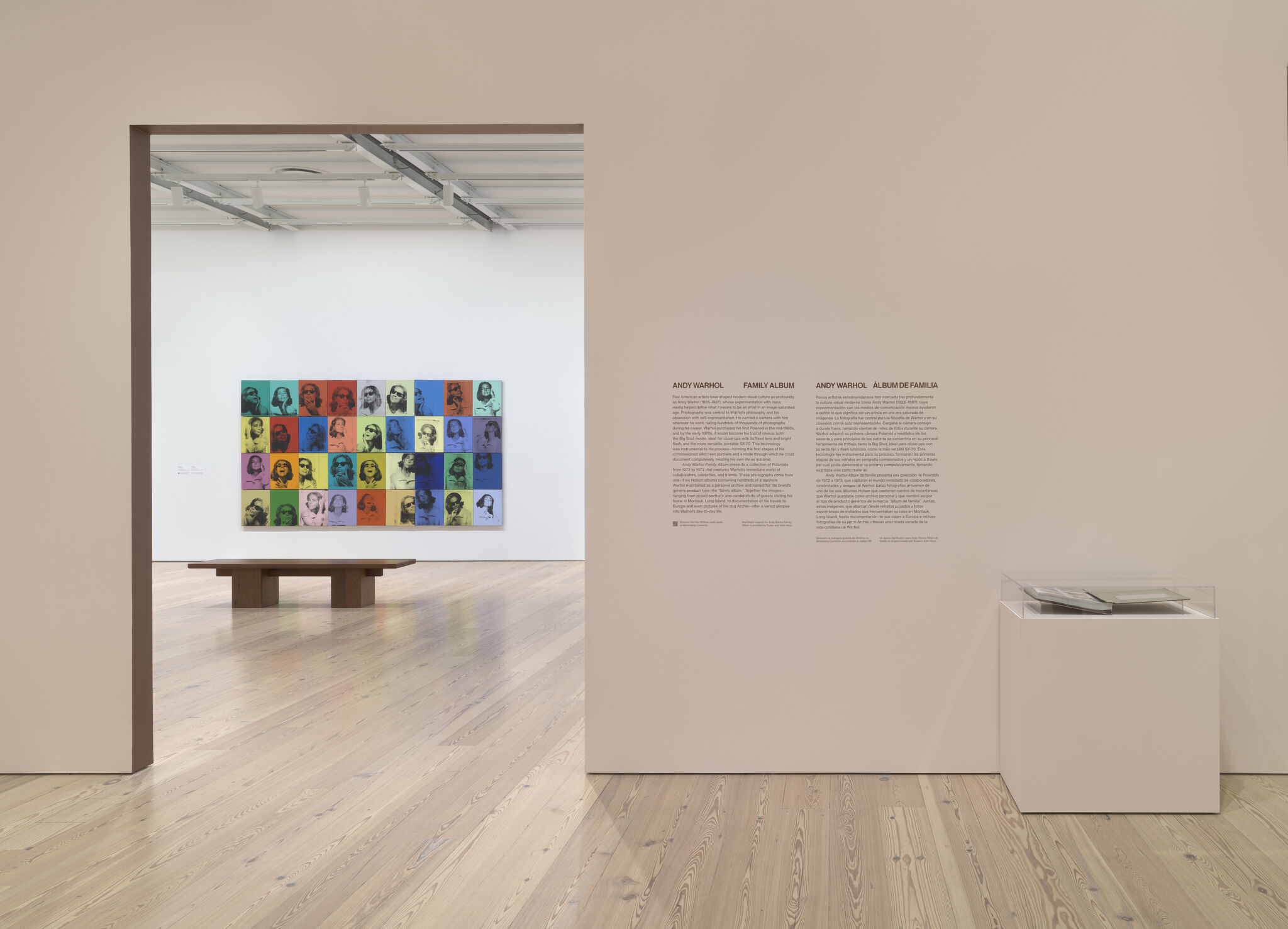 Gallery doorway reveals Andy Warhol family album pop-art grid on white wall and bench.