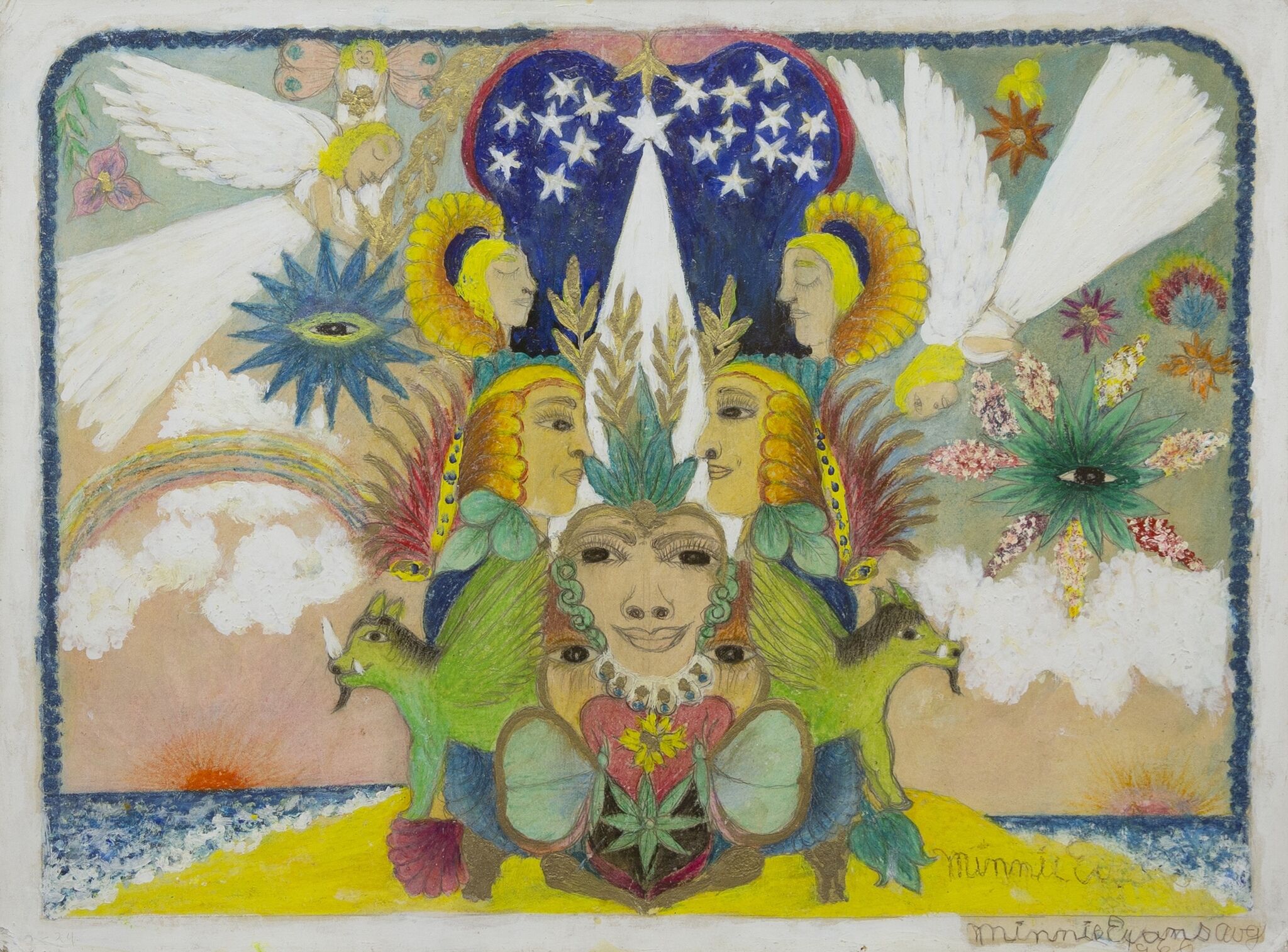 Colorful, symmetrical painting by Minnie Evans. At the center, a face emerges from layered flowers, leaves, and ornate patterns, flanked by two green animal figures. Above, four golden-faced figures with headdresses face inward. Large white-winged angels hover on both sides, accompanied by floating eyes, flowers, clouds, and a rainbow. Two setting suns sit below. 
