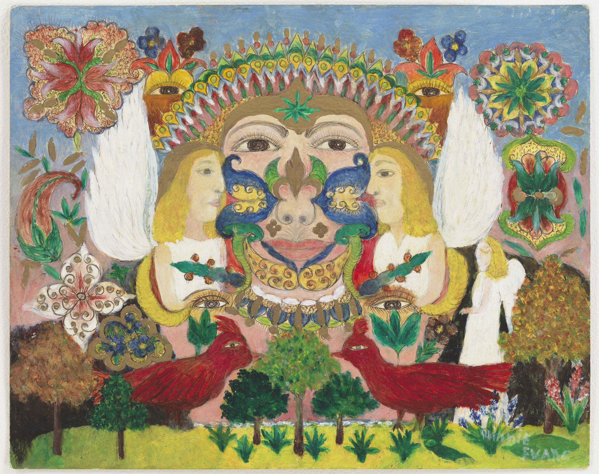 A colorful crowned face with two blonde figures and mirrored red birds facing each other.