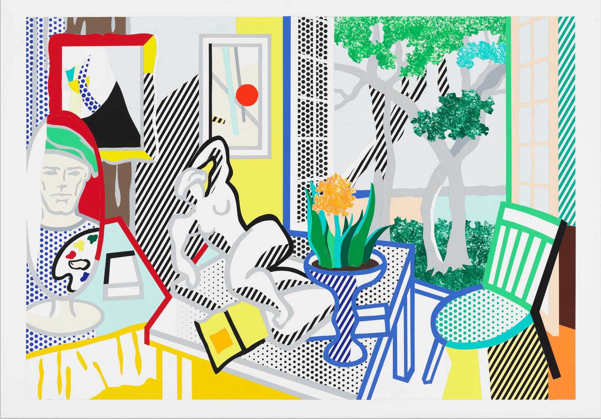 Bright pop-art interior showing a reclining white sculpture, striped patterns, potted flower, and window.