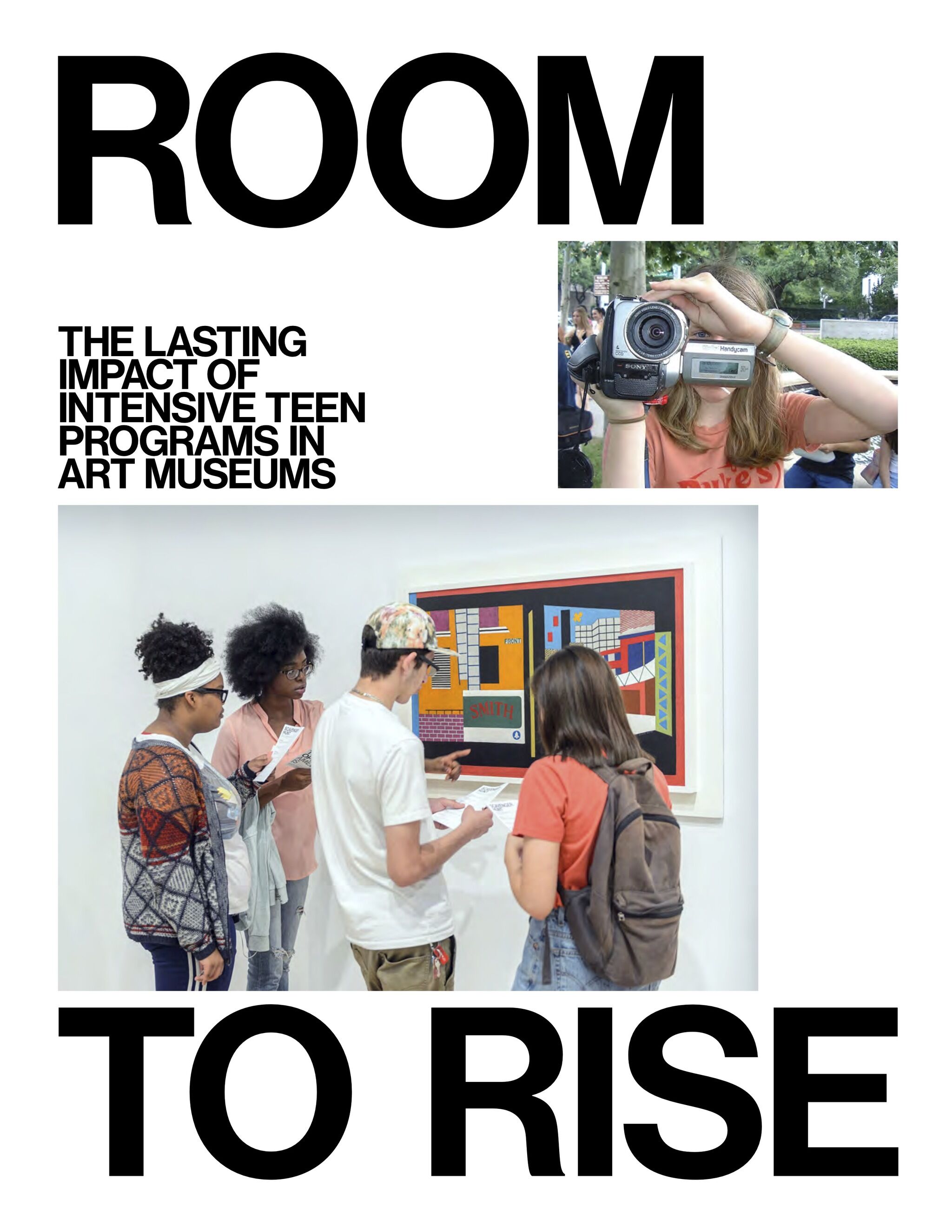 Cover of a report titled Room To rise, with an image of a group of teenagers in front of a painting.