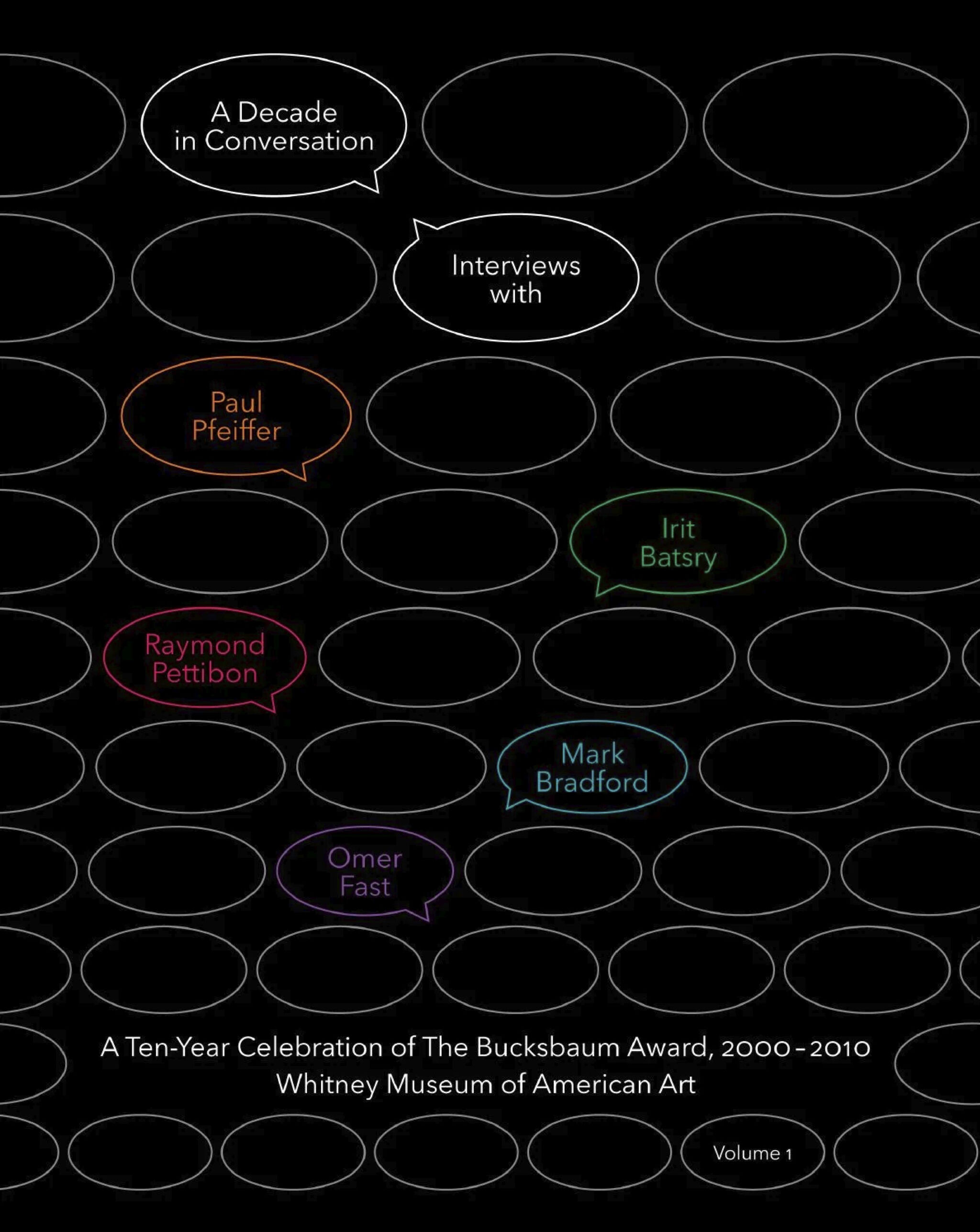 Black cover showing speech bubbles titled A Decade in Conversation and interviews with artists' names.