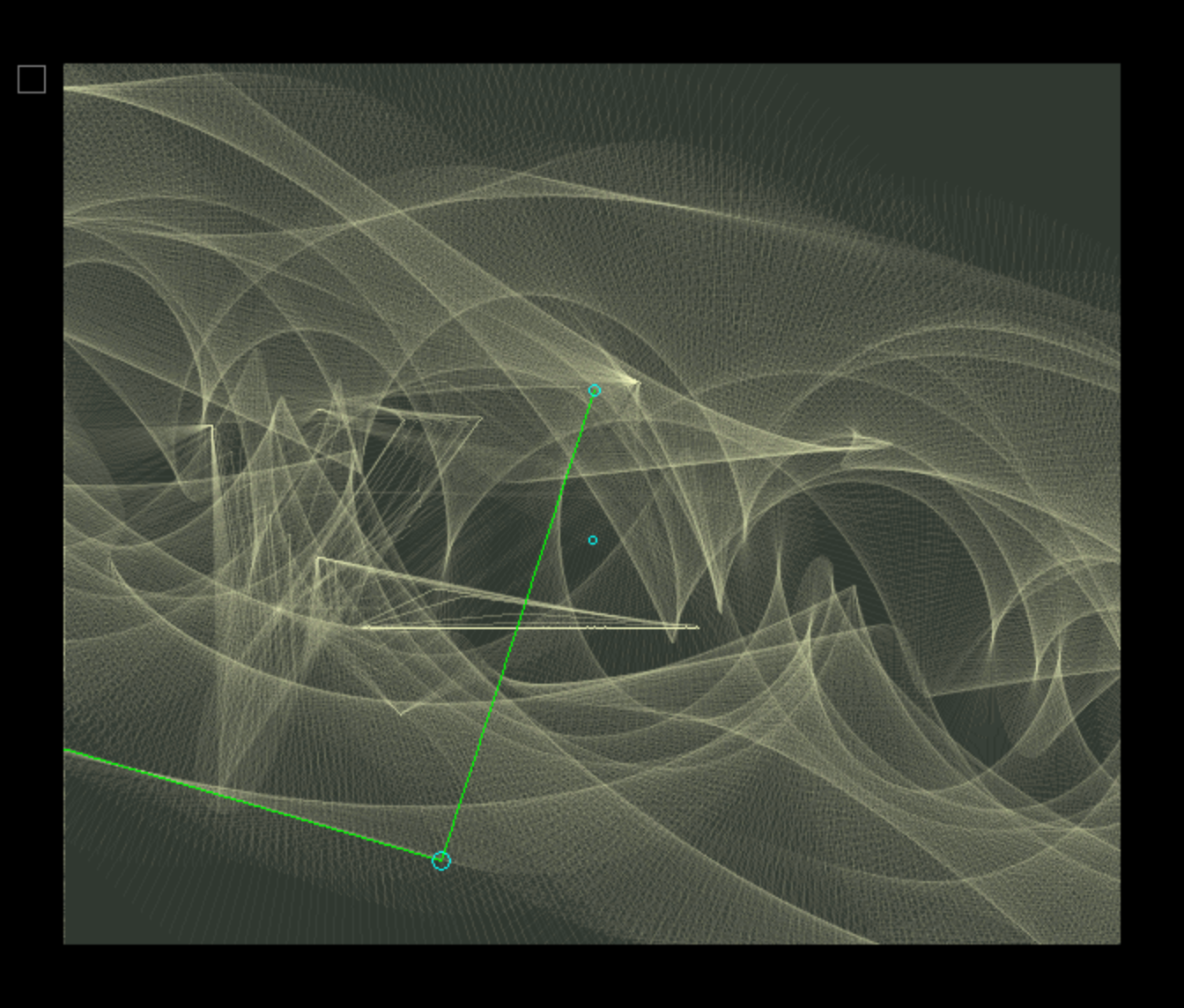Thin green line segments connect two cyan nodes over a pale yellow mesh of flowing curved lines.