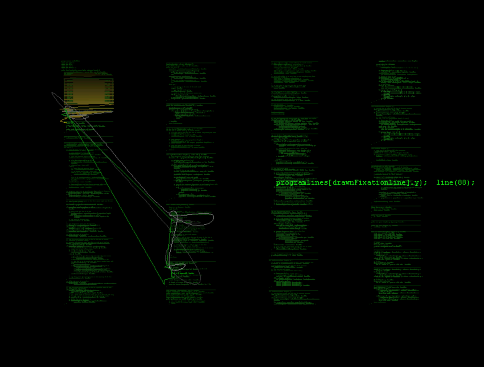 Lines draw between columns of code, with one line of code larger on the right side.
