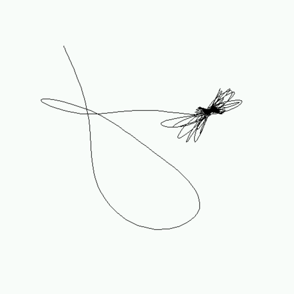 Thin looping black line trails to a small scribbled cluster of tighter loops at the top right.