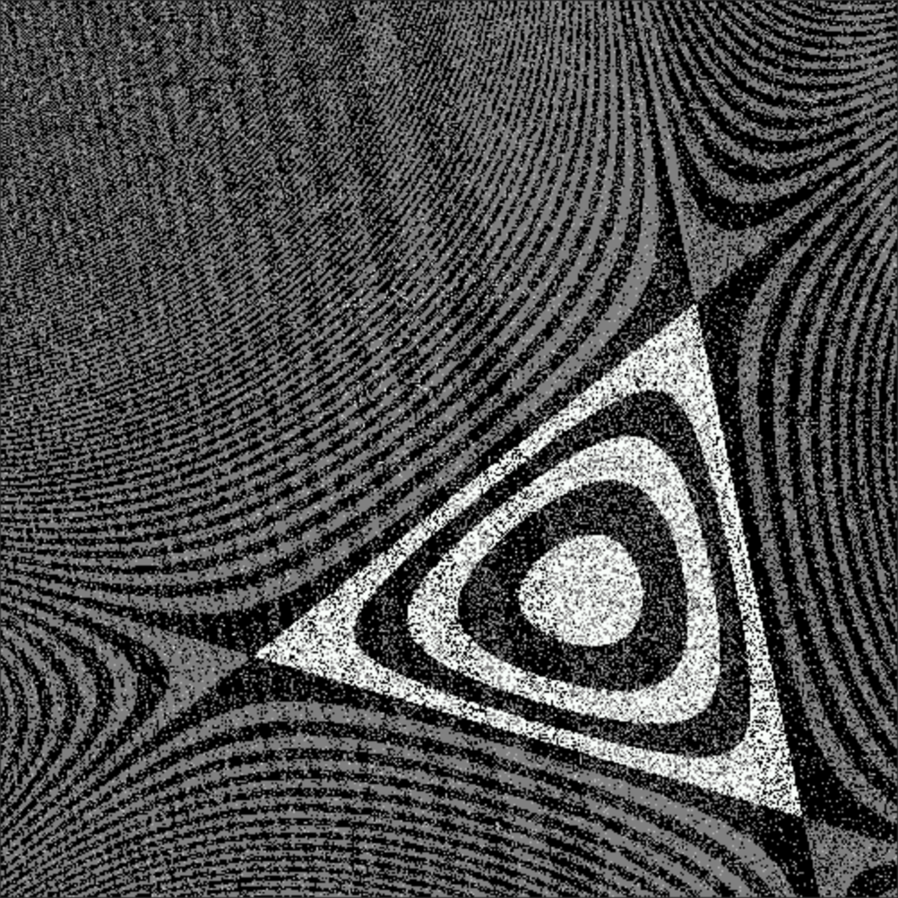 A textured triangular target with concentric rings and a circular center amid rippling wave patterns.